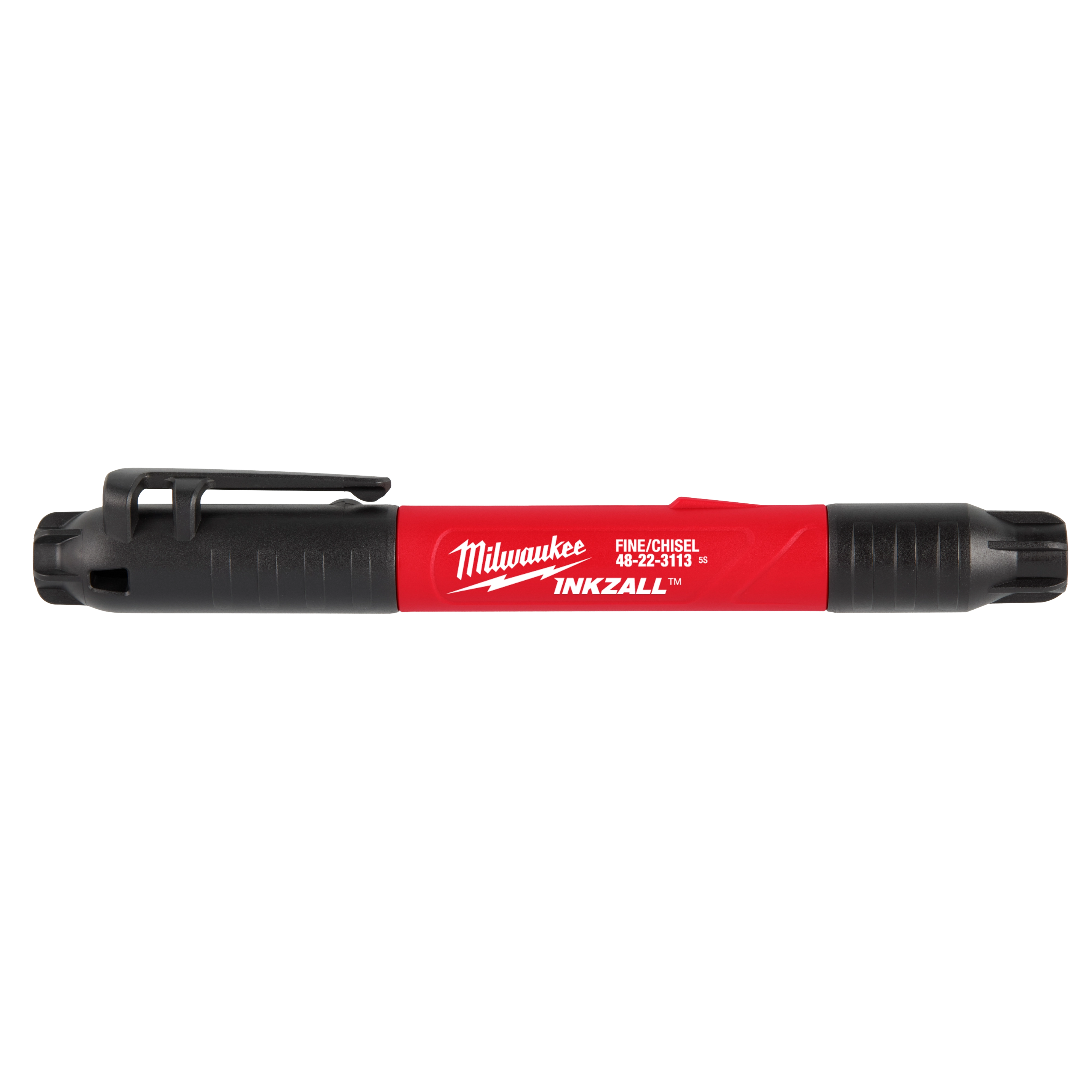 The INKZALL™ Double Sided Black Jobsite Marker – Fine Point & Chisel Tip features a dual-ended design with a red body and black caps. One end has a fine point, and the other has a chisel tip. It is designed for use in tough jobsite conditions.