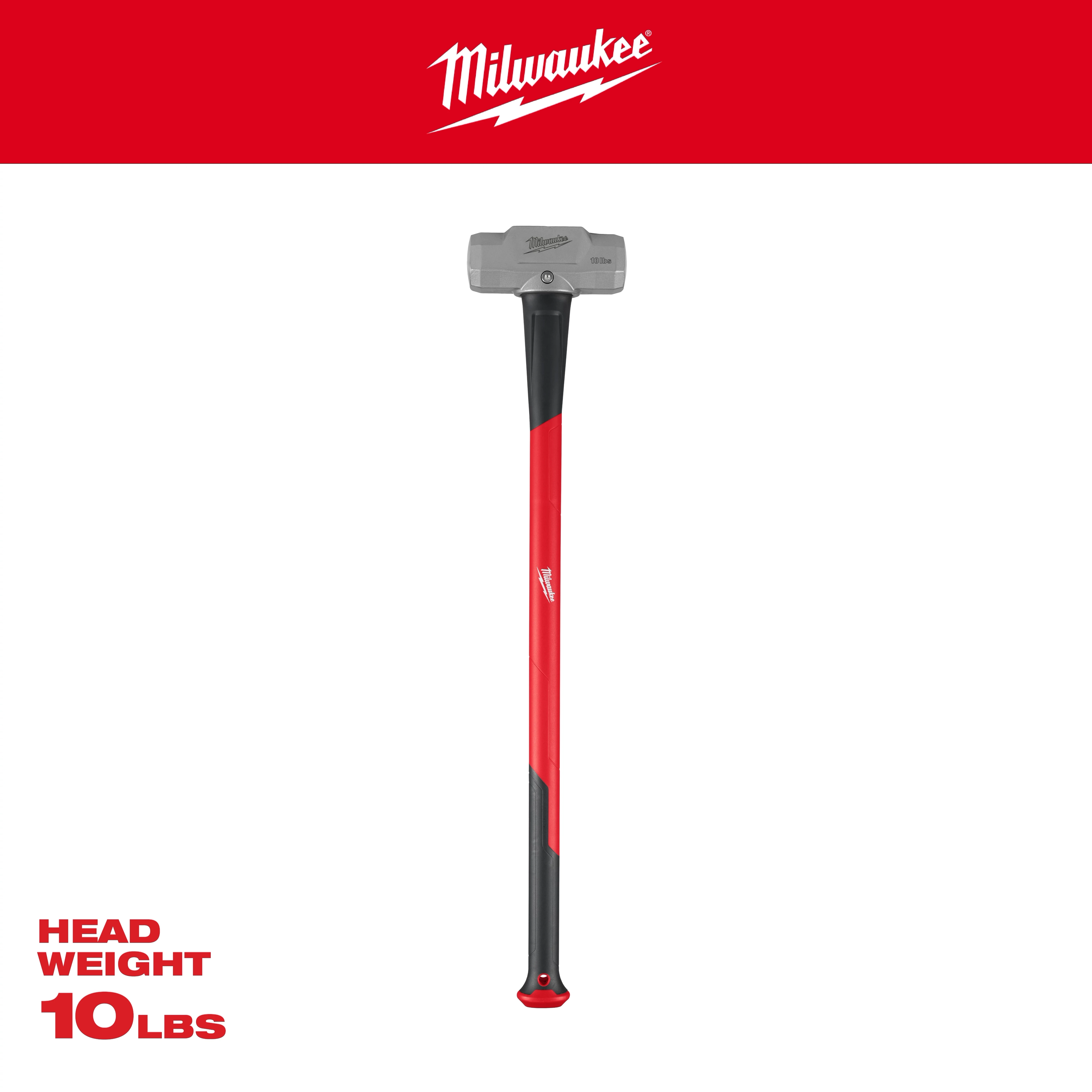 10lb Sledge Hammer with a 36" handle. It features a red and black design, with a grey head. Head weight text: 10 lbs.
