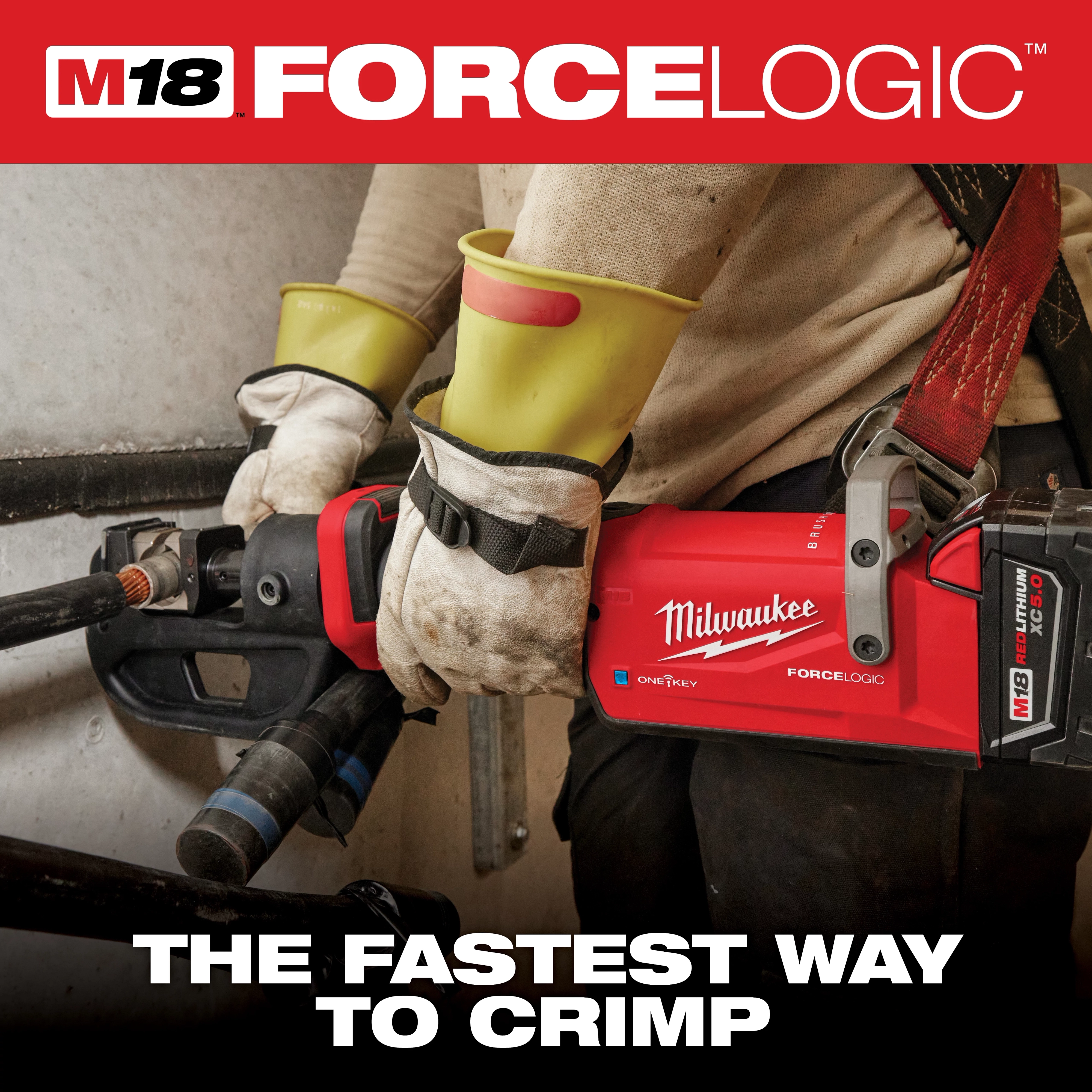 A person wearing gloves and protective sleeves uses the Milwaukee M18 FORCELOGIC crimping tool on a pipe. The red tool features a black handle and is designed for efficient crimping tasks. The slogan at the bottom says "THE FASTEST WAY TO CRIMP."