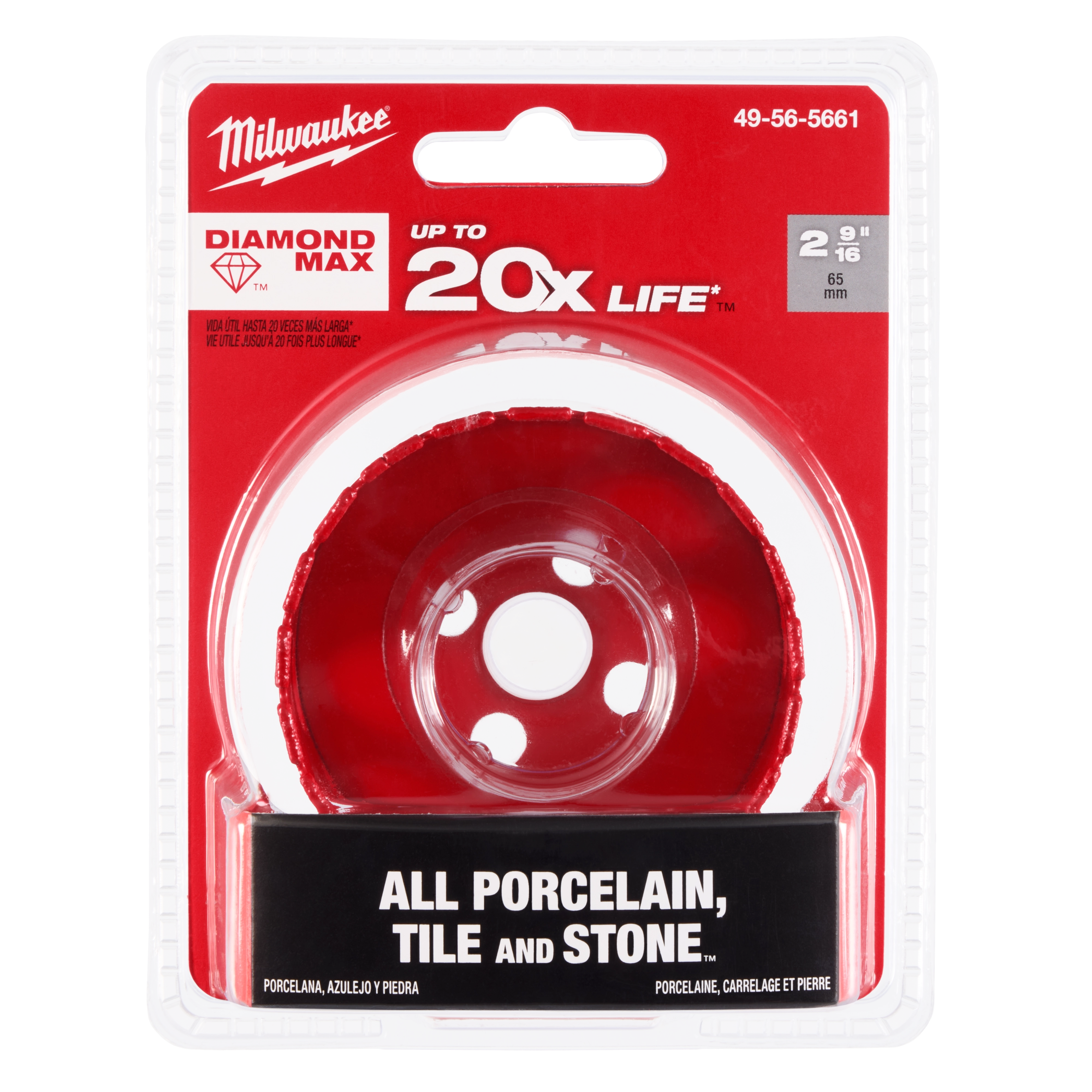 Milwaukee 2-9/16" Diamond Max Hole Saw in packaging, suitable for cutting porcelain, tile, and stone, with up to 20x life.