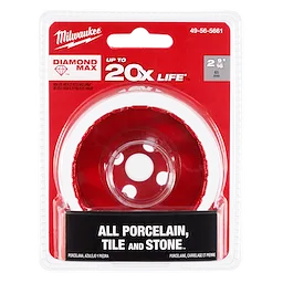 Milwaukee 2-9/16" Diamond Max Hole Saw in packaging, suitable for cutting porcelain, tile, and stone, with up to 20x life.