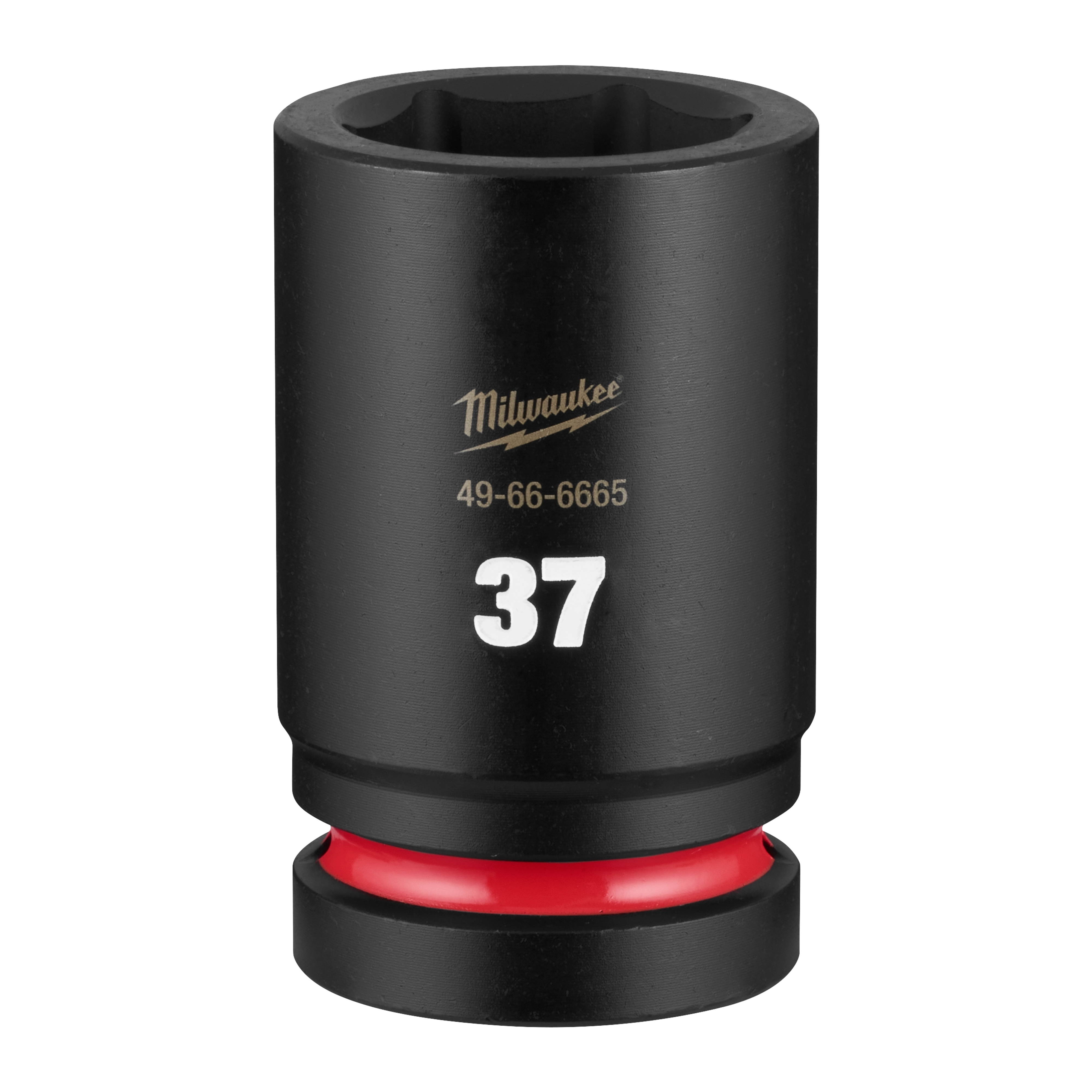 SHOCKWAVE Impact Duty 1" Drive 37mm Deep 6 Point Socket standing upright with a visible 37 marking and red ring.