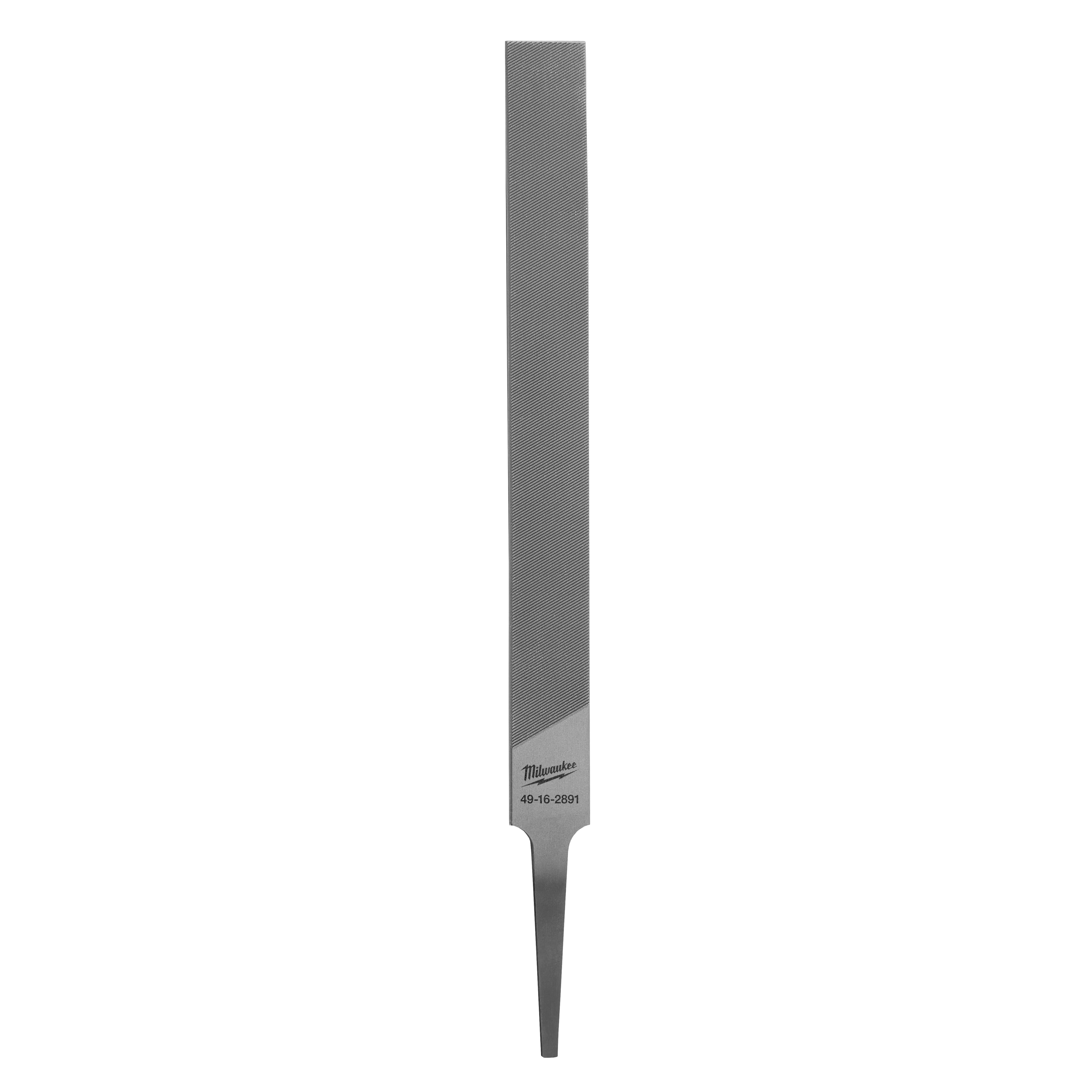 The image is of a Flat File for Saw Chain made by Milwaukee, model number 49-16-2601. The tool is a flat metal file with a tapered end for use in sharpening saw chains. Only one file is shown, though three files come in the pack.