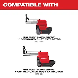 49-90-2344 Compatible With Image Reel Refresh, showing two M18 FUEL HAMMERVAC 1" and 1-1/8" Dedicated Dust Extractors, models 2912-DE and 2915-DE.