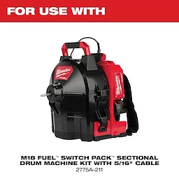 Milwaukee M18 Fuel Switch Pack Sectional Drum Machine Kit features a black and red handheld device with a 5/16" cable for cleaning pipes. The product name and model number, 2775A-211, are displayed below the image. Suitable for professional use.