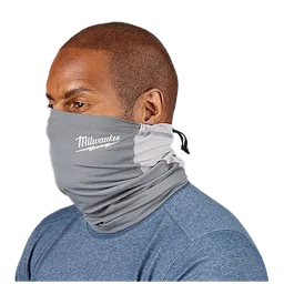 Man wearing the WORKSKIN Performance Neck Gaiter in light gray over a blue shirt. The gaiter covers his neck and part of his face.