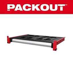 PACKOUT™ Rack Drawer is a storage solution with a red frame and black drawer, designed for organizing tools and accessories. The drawer features multiple compartments and a sturdy handle for easy access. The brand name "PACKOUT™" is displayed prominently at the top in white letters on a red background.
