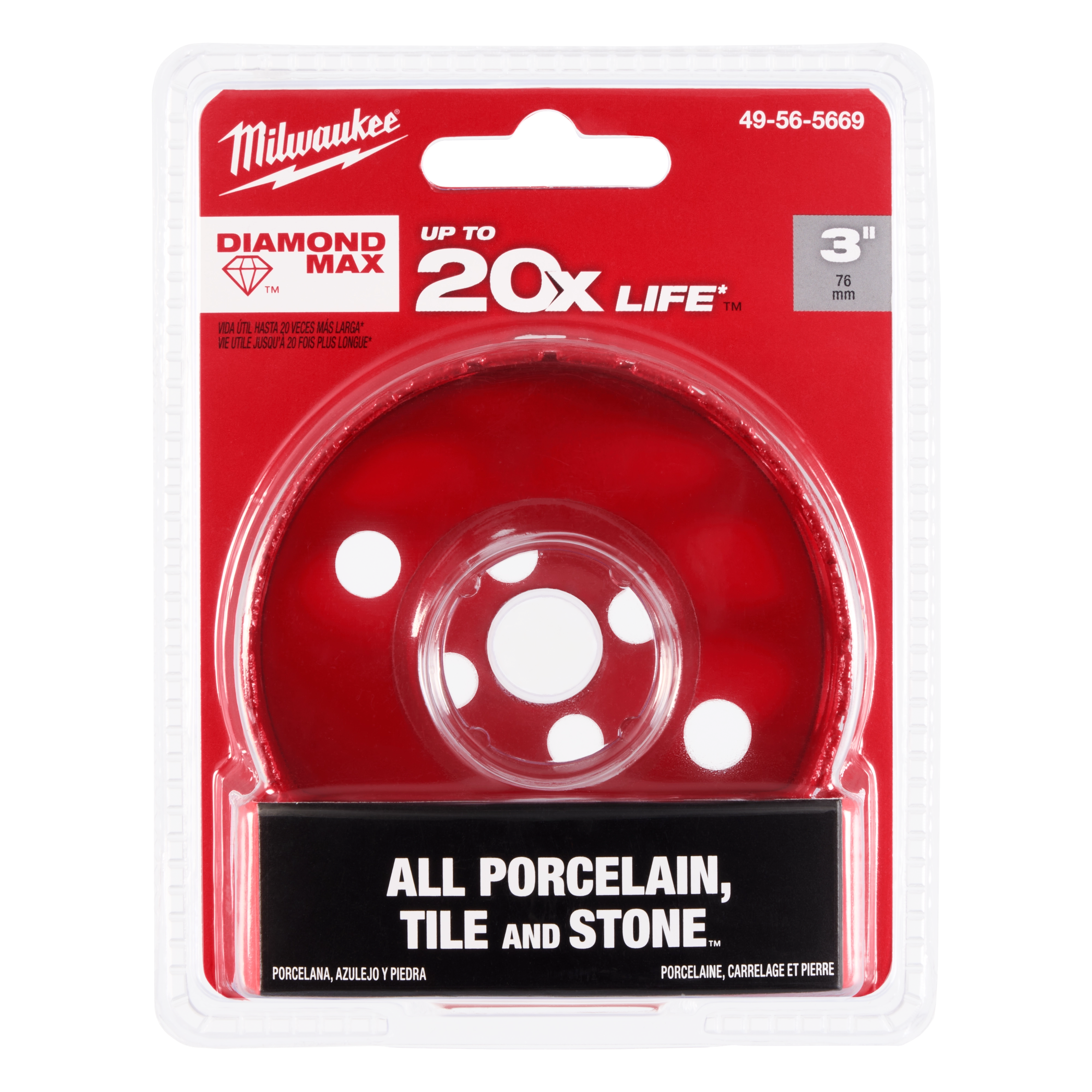 Milwaukee 3” DIAMOND MAX Hole Saw in red packaging, suitable for all porcelain, tile, and stone. Works up to 20 times longer.