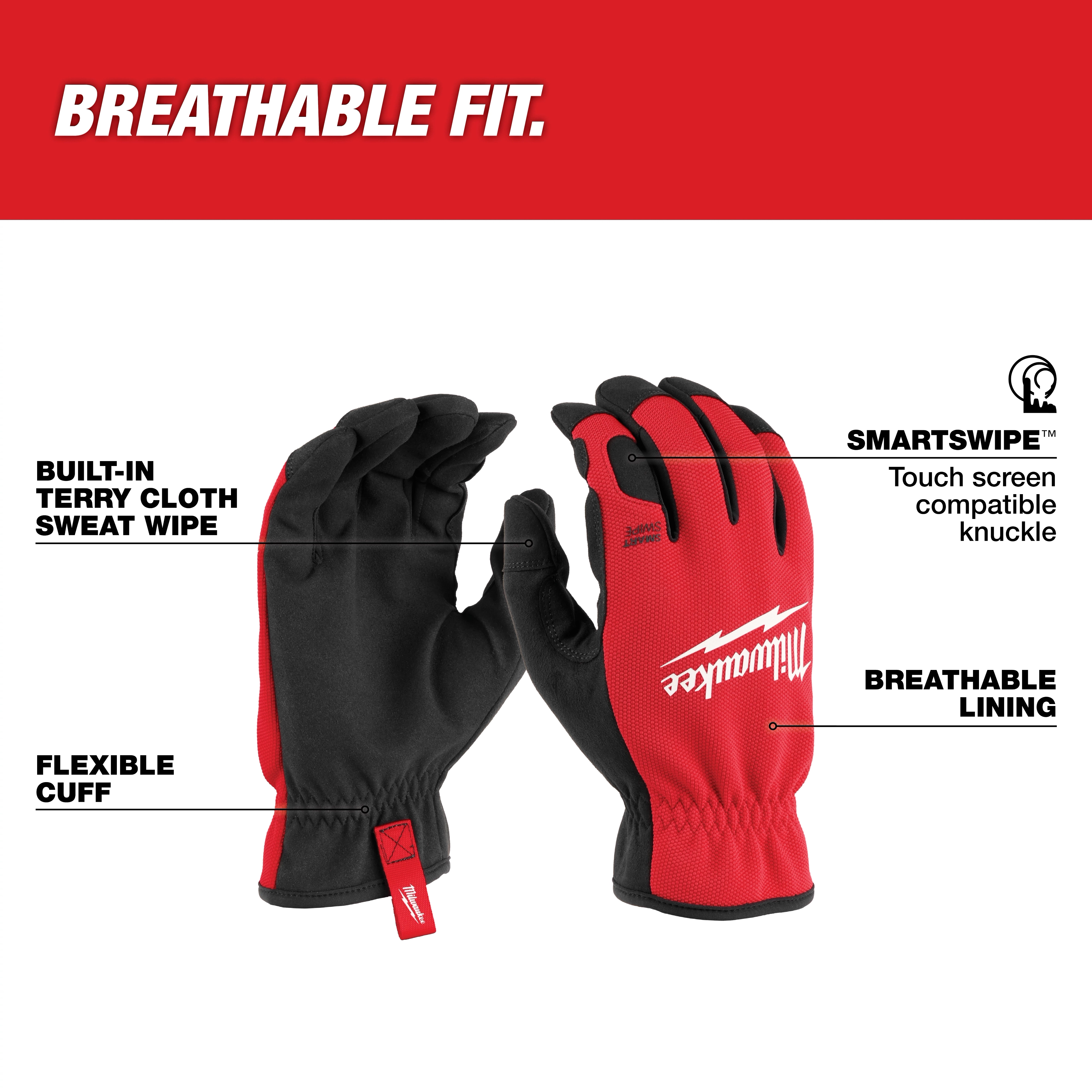 Image of Lightweight Work Glove With Flexible Cuff. The gloves are red and black with features labeled, including a built-in terry cloth sweat wipe, touchscreen-compatible SmartSwipe knuckles, breathable lining, and flexible cuff. The text "Breathable Fit" is at the top in white on a red background.