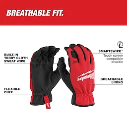 Image of Lightweight Work Glove With Flexible Cuff. The gloves are red and black with features labeled, including a built-in terry cloth sweat wipe, touchscreen-compatible SmartSwipe knuckles, breathable lining, and flexible cuff. The text "Breathable Fit" is at the top in white on a red background.