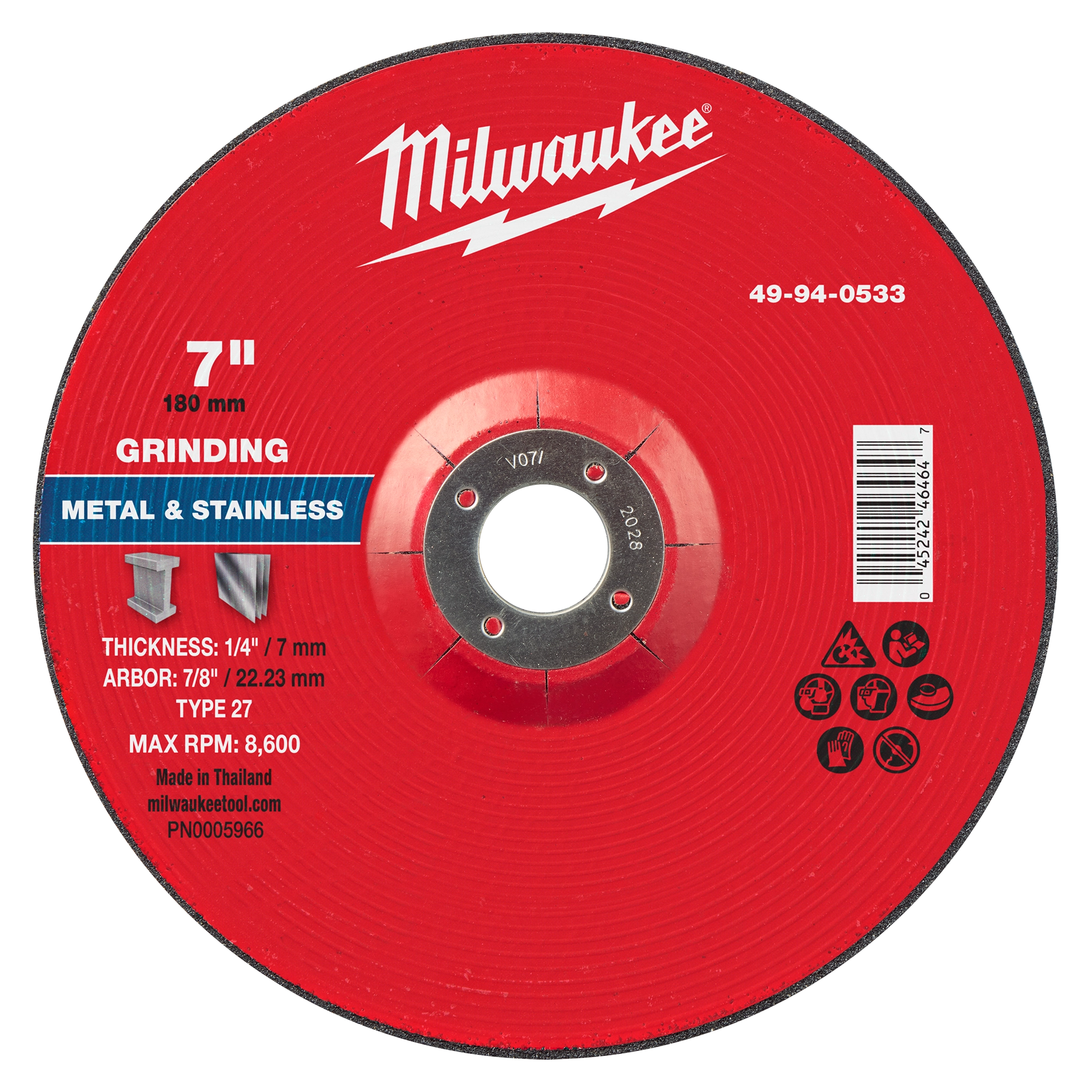 Red 7" x 1/4" x 7/8" Metal Grinding Wheel, Type 27, for metal & stainless. 49-94-0533, max RPM 8,600, thickness 1/4".