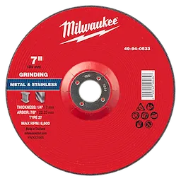 Red 7" x 1/4" x 7/8" Metal Grinding Wheel, Type 27, for metal & stainless. 49-94-0533, max RPM 8,600, thickness 1/4".