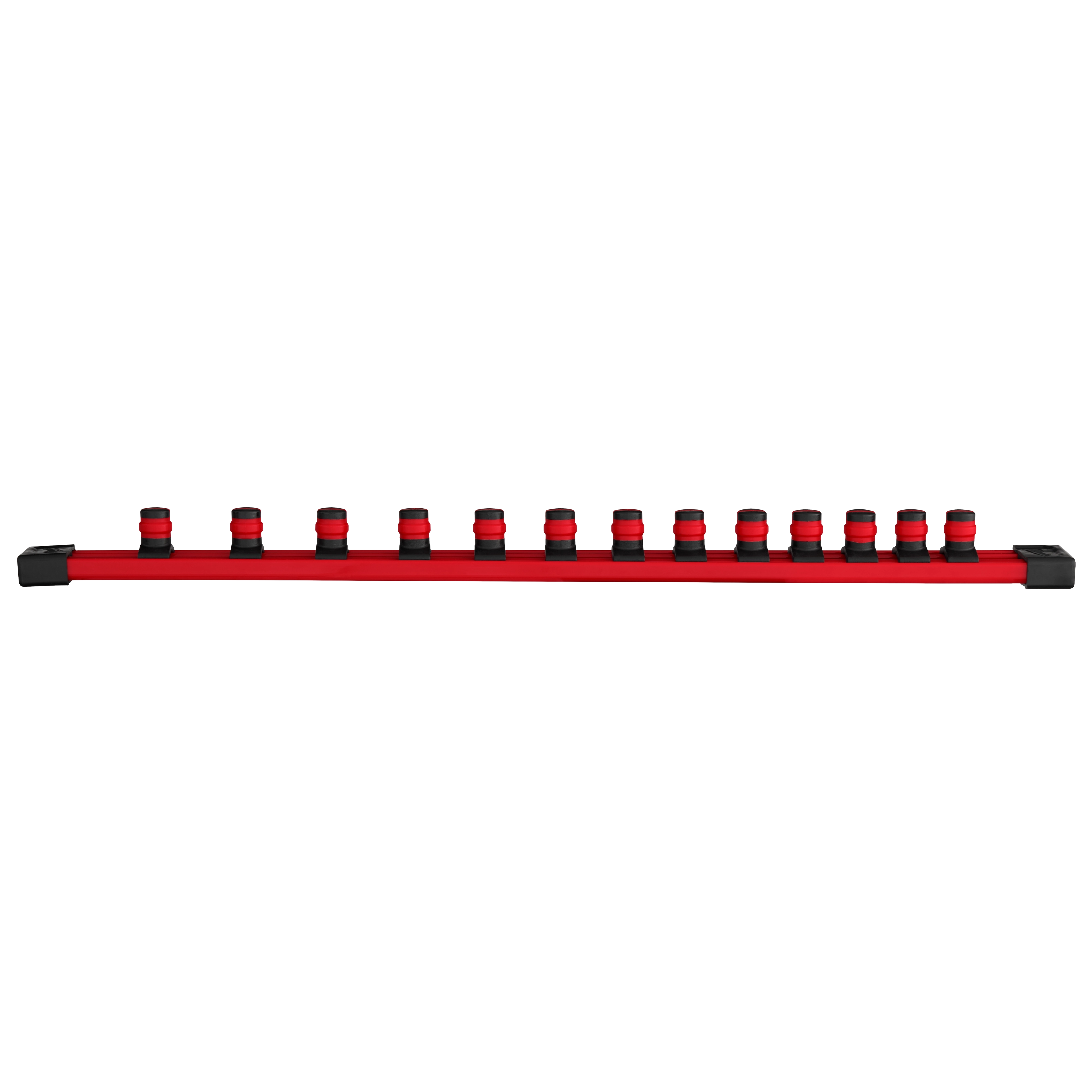 The image shows a 13pc 1/2” Drive 12-Point SAE Socket Set organized on a red rail holder. Each socket is black with a red band, arranged in ascending size from left to right.