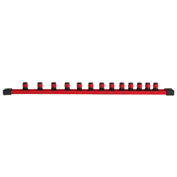 The image shows a 13pc 1/2” Drive 12-Point SAE Socket Set organized on a red rail holder. Each socket is black with a red band, arranged in ascending size from left to right.