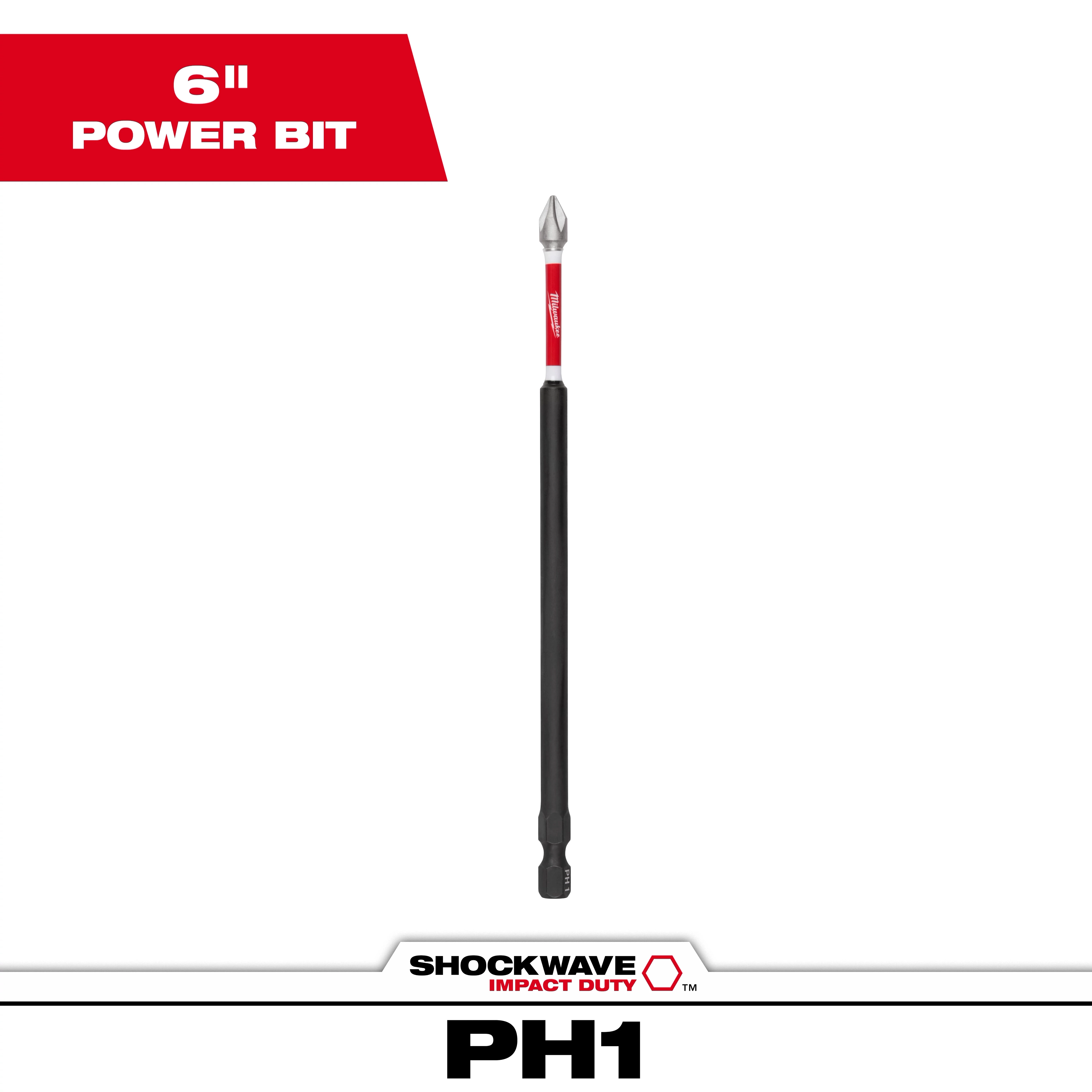 The image shows a SHOCKWAVE™ 6" Impact Phillips #1 Power Bit. It is a long, slender tool with a Phillips head, designed for driving screws and is suitable for impact duty. The bit is black with a red and silver band near the head.