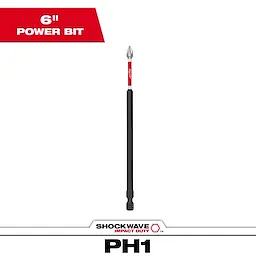 The image shows a SHOCKWAVE™ 6" Impact Phillips #1 Power Bit. It is a long, slender tool with a Phillips head, designed for driving screws and is suitable for impact duty. The bit is black with a red and silver band near the head.