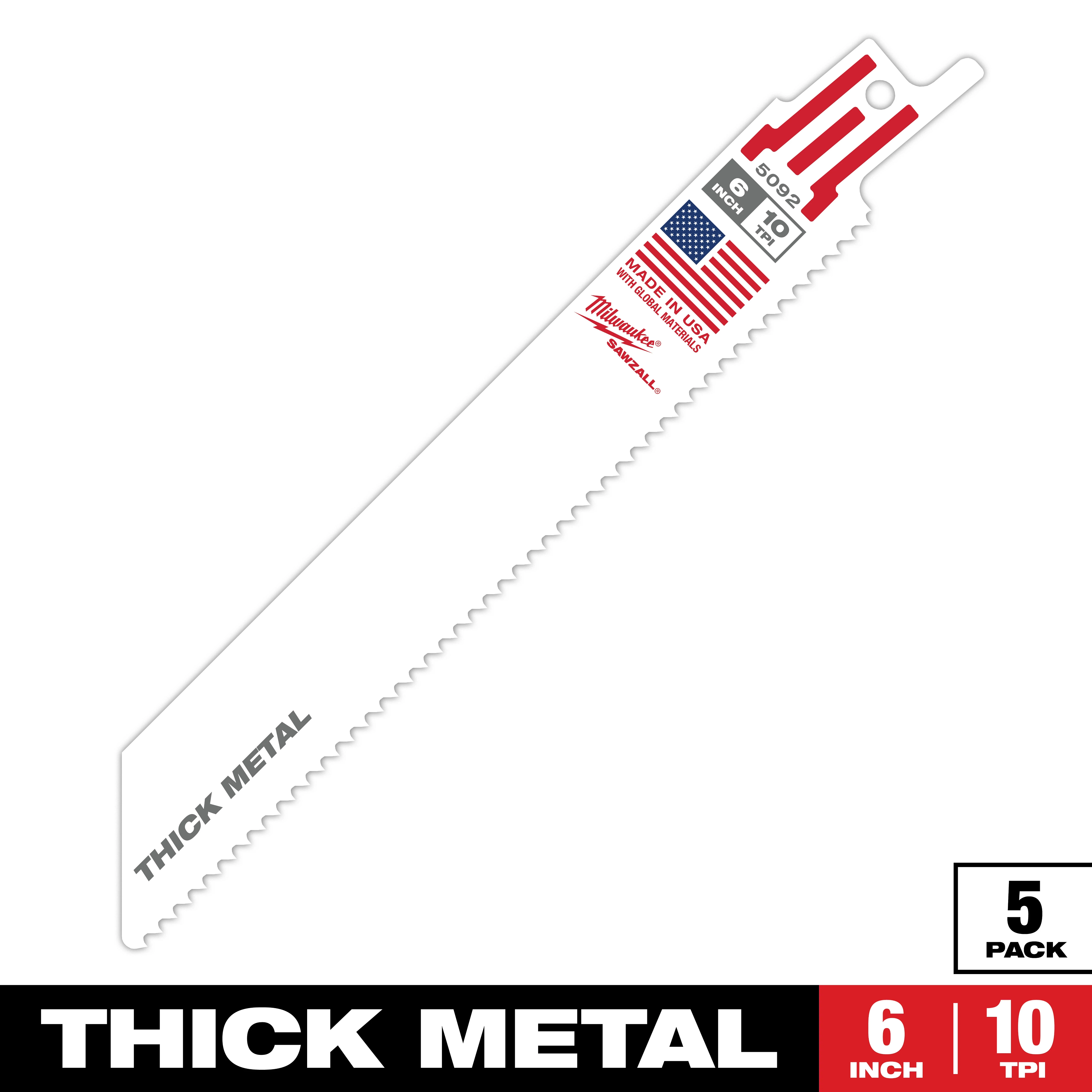 The product is the Sawzall Bi-Metal Carbide blade, designed for cutting thick metal. It is 6 inches long with 10 teeth per inch (TPI), shown here in a 5-pack. Made in the USA, it features branding details and specifications on the blade.