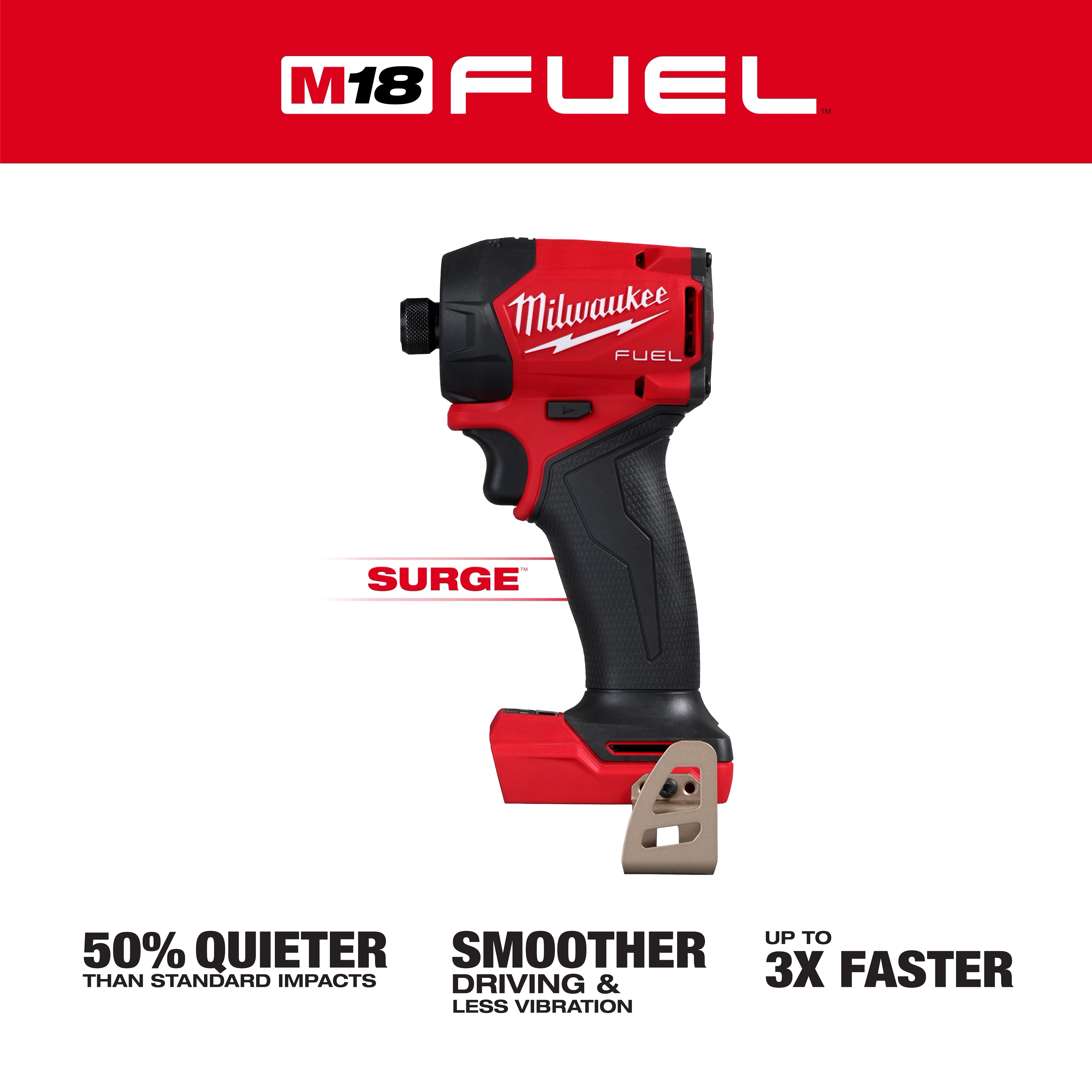 The M18 FUEL™ SURGE™ 1/4" Hex Hydraulic Driver by Milwaukee is a cordless, red and black tool with ergonomic handle and belt clip, offering 50% quieter operation, smoother driving, reduced vibration, and up to 3 times faster performance than standard impacts.