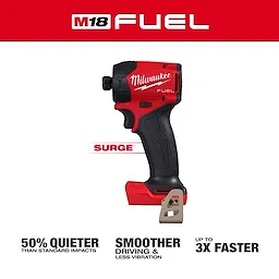 The M18 FUEL™ SURGE™ 1/4" Hex Hydraulic Driver by Milwaukee is a cordless, red and black tool with ergonomic handle and belt clip, offering 50% quieter operation, smoother driving, reduced vibration, and up to 3 times faster performance than standard impacts.