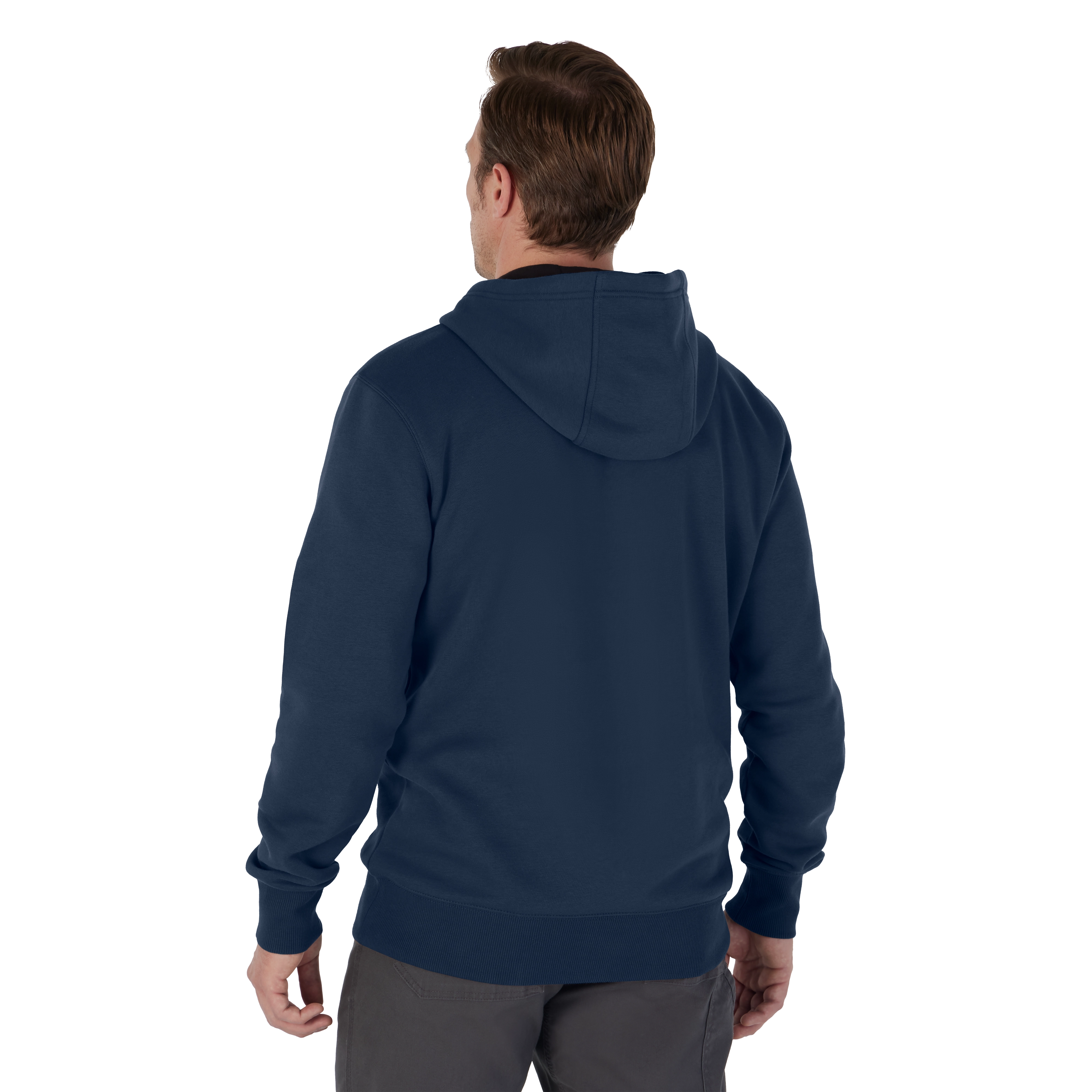 Man wearing the blue midweight pullover hoodie