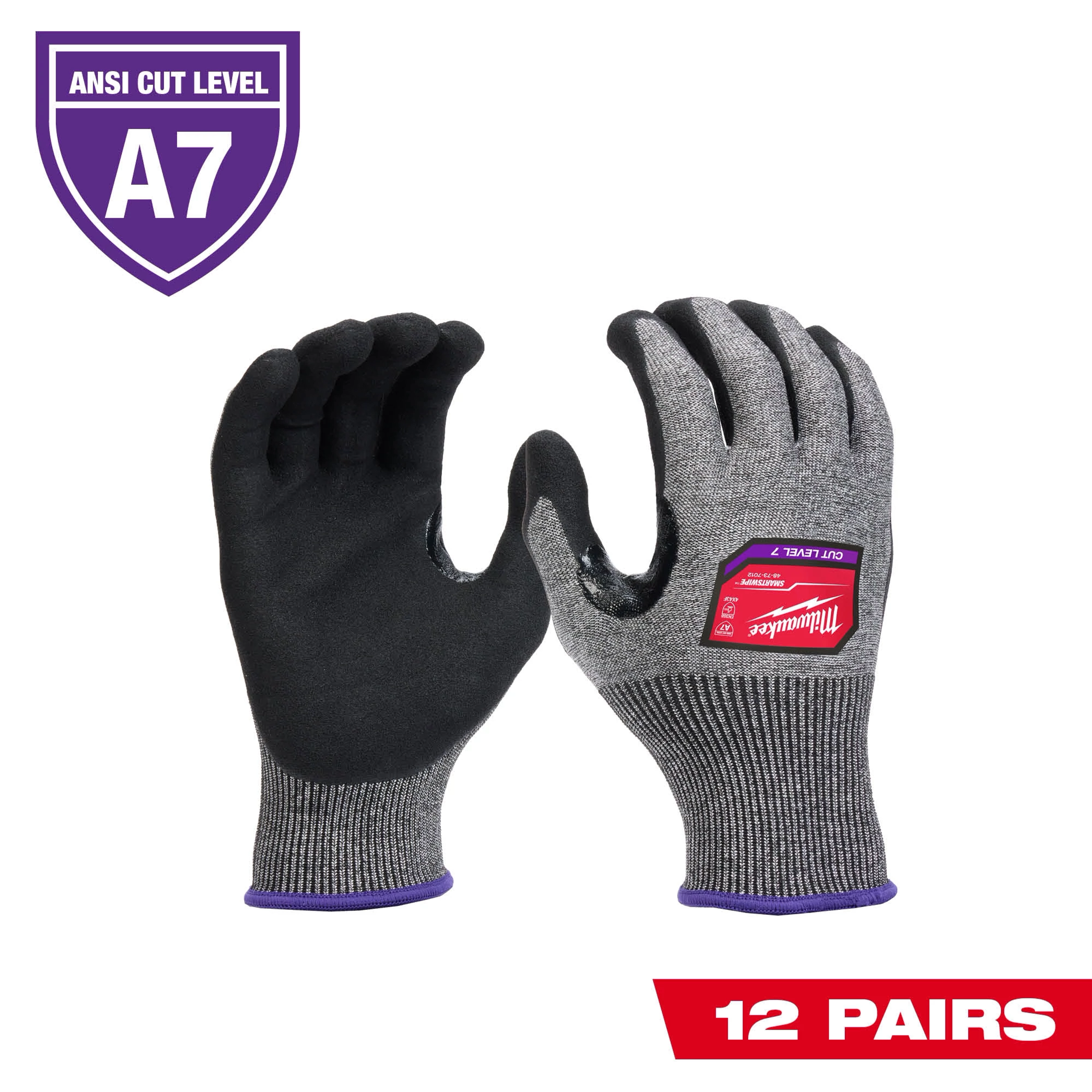 12 Pairs Cut Level 7 High-Dexterity Nitrile Dipped Gloves, ANSI Cut Level A7, gray and black with purple trim, shown front and back.