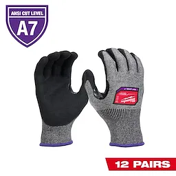 12 Pairs Cut Level 7 High-Dexterity Nitrile Dipped Gloves, ANSI Cut Level A7, gray and black with purple trim, shown front and back.