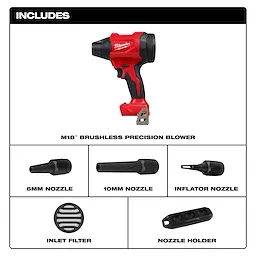 The M18™ Brushless Precision Blower set includes a red precision blower, 6mm nozzle, 10mm nozzle, inflator nozzle, inlet filter, and nozzle holder.