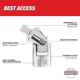 The 1/4" Drive Universal Joint features chrome plating for rust protection, a secure pin design, and an adaptable drive for wobble or standard applications. It offers an additional 11 degrees of access and has easy-to-read size identification. The product comes with a lifetime guarantee.