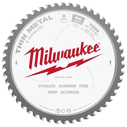 Milwaukee 8" Thin Metal Cutting Circular Saw Blade with 50 teeth designed for cutting stainless, aluminum, steel, strut, and allthread.
