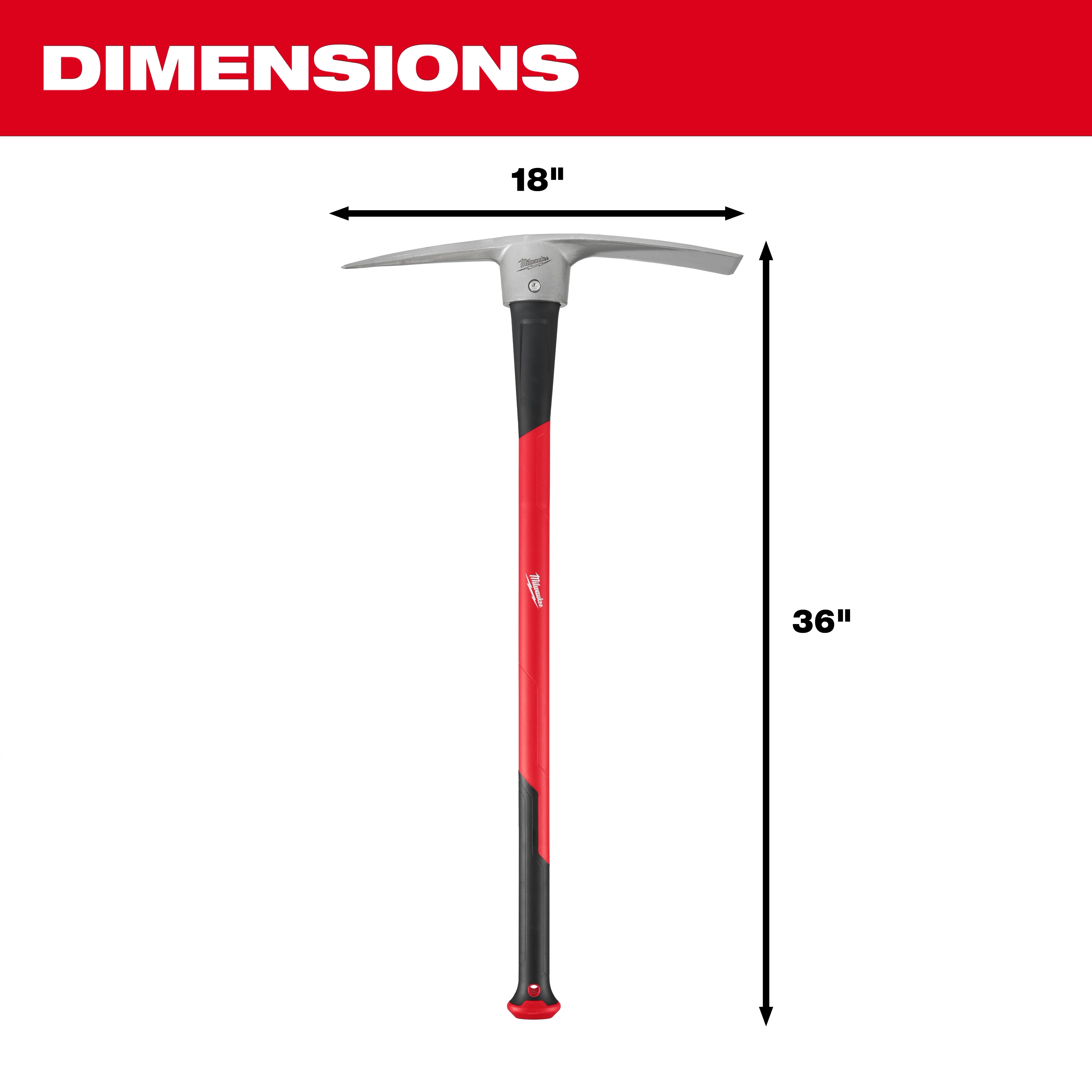 5lb Pick Mattock (36" Handle) with 18-inch wide head. Red and black handle. Measurements displayed alongside the tool.