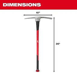 5lb Pick Mattock (36" Handle) with 18-inch wide head. Red and black handle. Measurements displayed alongside the tool.