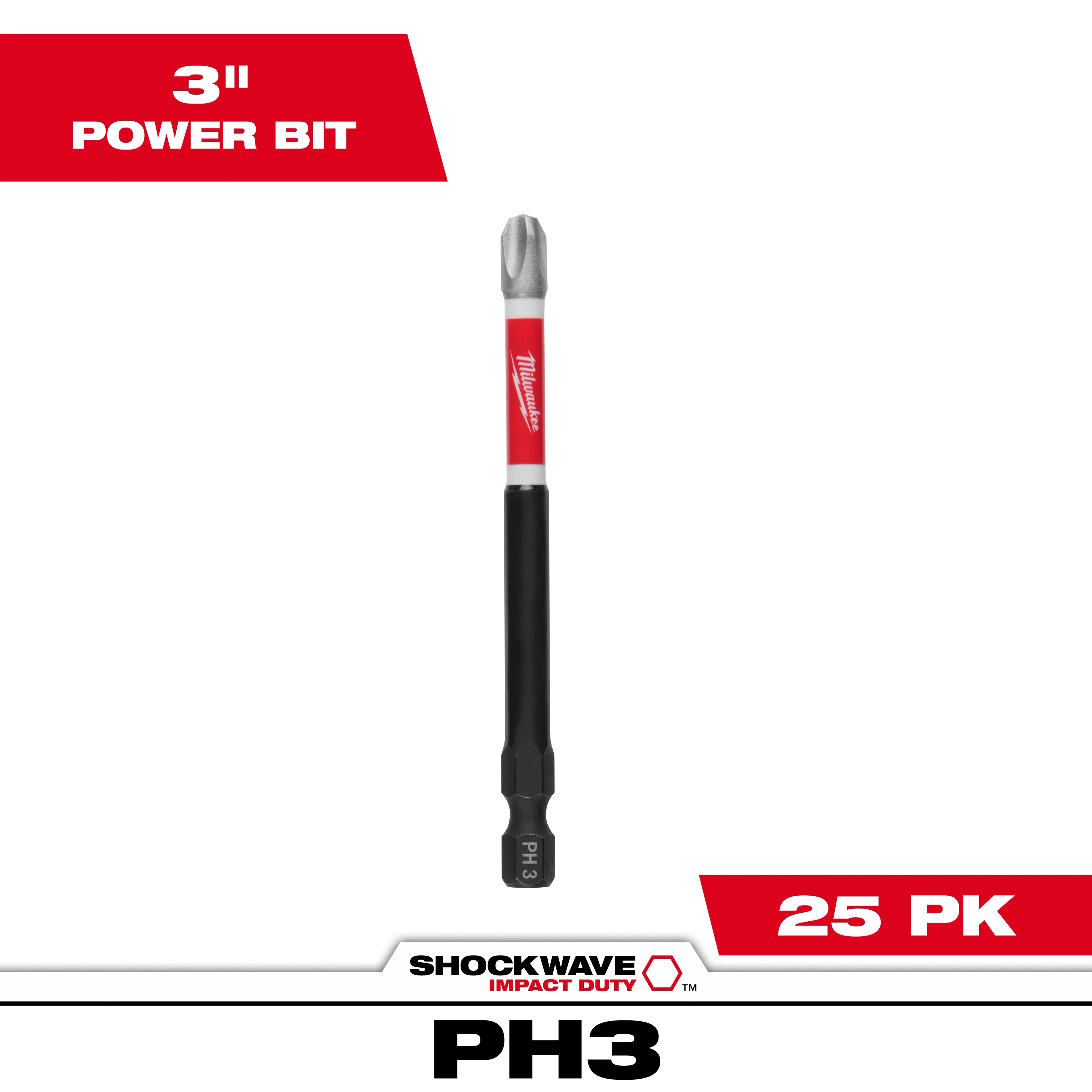 Image of a single SHOCKWAVE™ 3-1/2" Impact Duty Phillips #3 Power Bit. The bit has a red and silver shaft marked "Milwaukee" and a black tip labeled "PH 3". Text on image reads "3" Power Bit" and "25 PK". Suitable for heavy-duty impact applications.