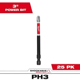 Image of a single SHOCKWAVE™ 3-1/2" Impact Duty Phillips #3 Power Bit. The bit has a red and silver shaft marked "Milwaukee" and a black tip labeled "PH 3". Text on image reads "3" Power Bit" and "25 PK". Suitable for heavy-duty impact applications.
