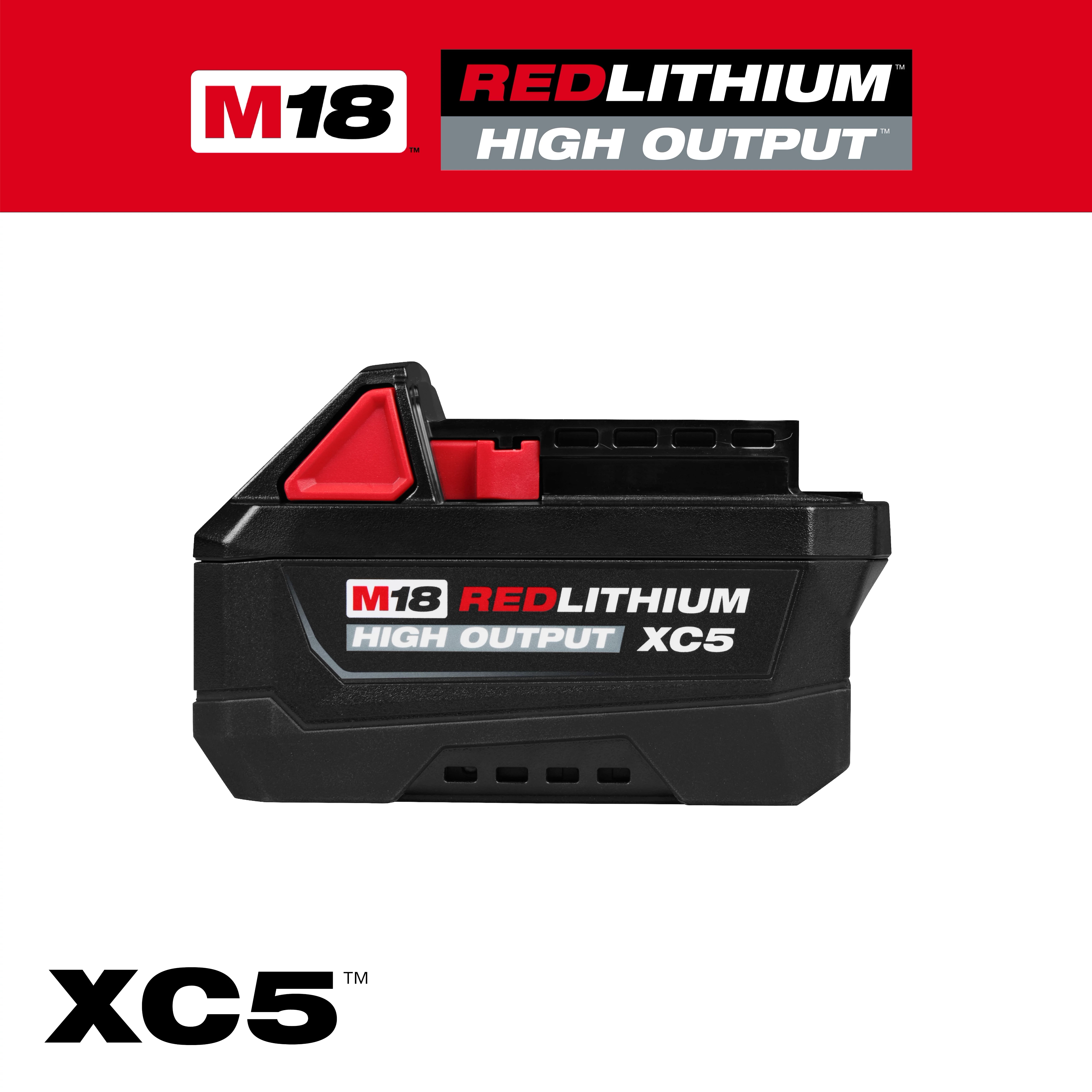 M18 REDLITHIUM HIGH OUTPUT XC5 Battery Pack displayed against a red and white background.