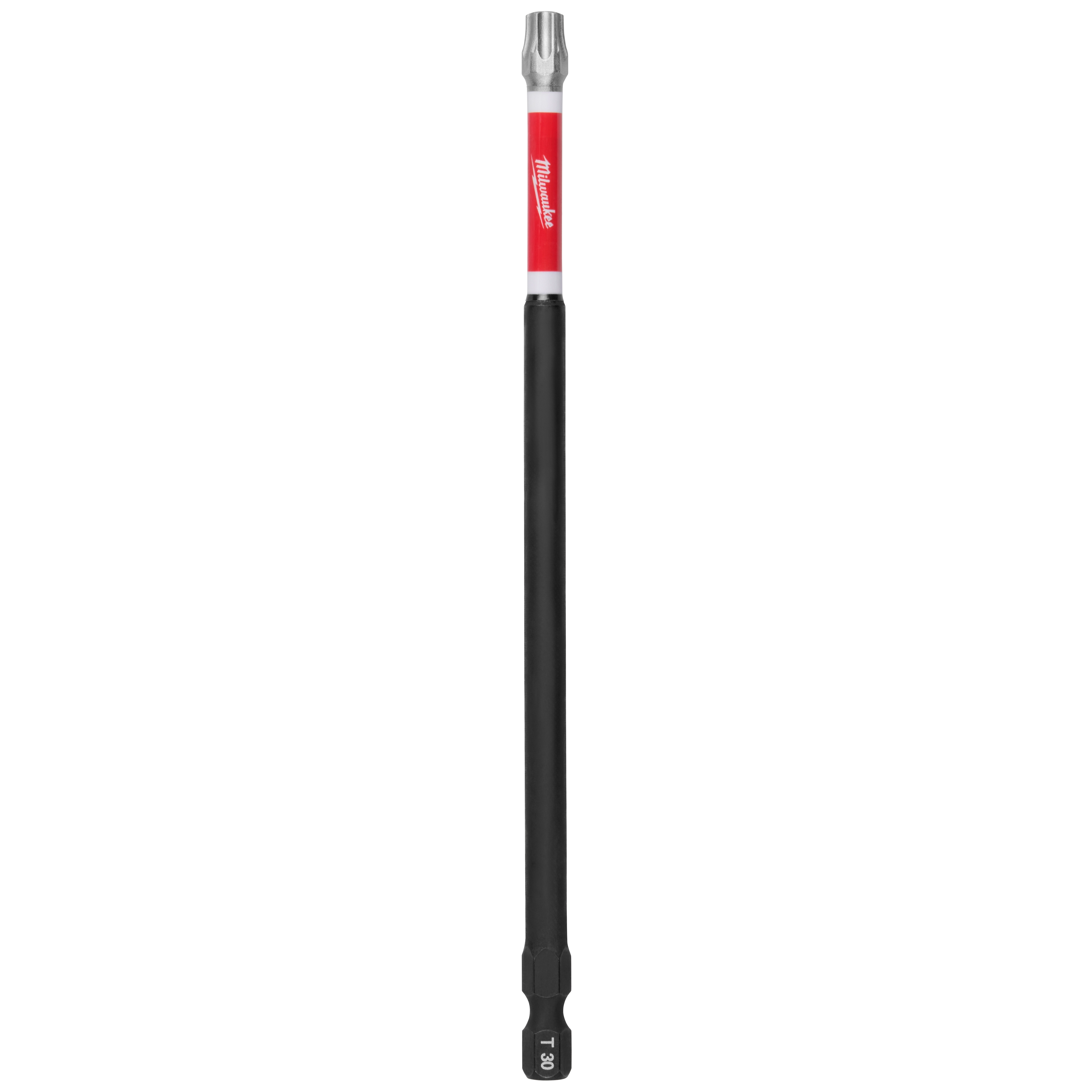 The image shows a SHOCKWAVE™ 6" Impact TORX® T30 Power Bit. It is a long, cylindrical tool designed for fastening with a red and black color scheme and T30 marking at the base.