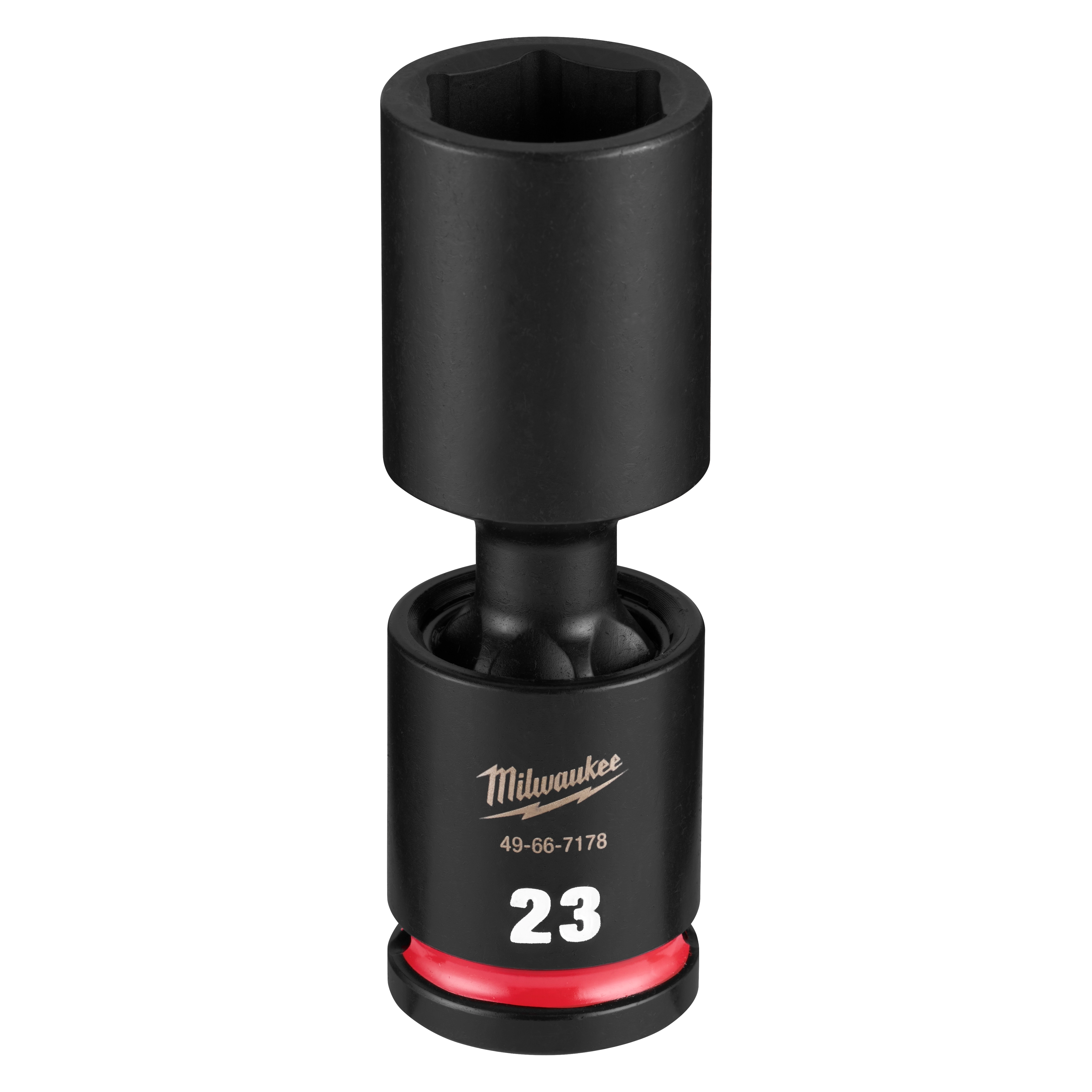 SHOCKWAVE Impact Duty 1/2" Drive 23MM Deep Swivel Socket standing upright with a red band near the base.