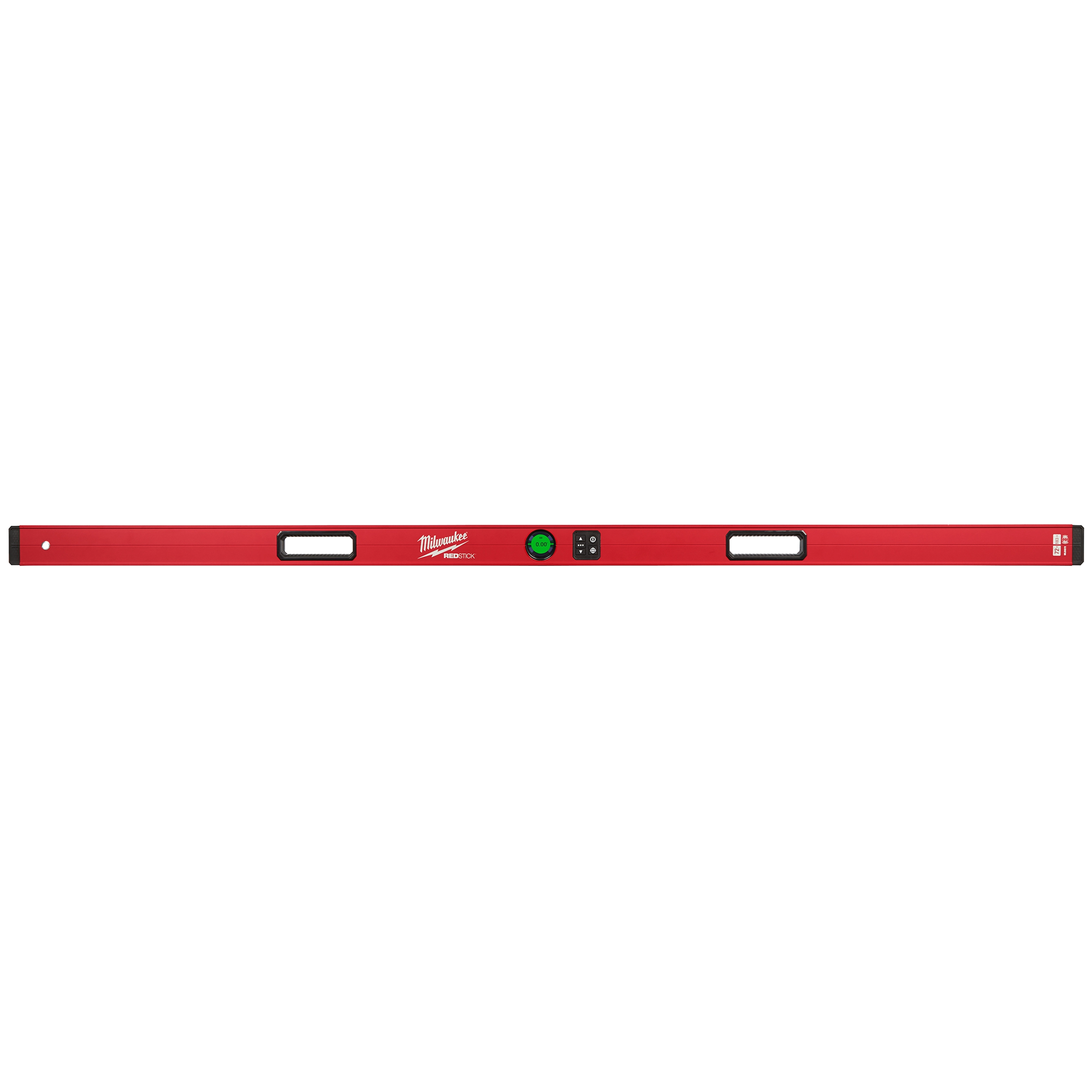 Milwaukee REDSTICK Digital Level with PINPOINT Measurement Technology in red with a digital display in the center and two hand grips.