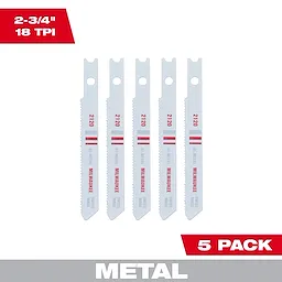 Five 2-3/4 inch 18TPI U-Shank Metal Cutting Bi-Metal Jig Saw Blades (5PK) arranged in a row with red labels on white background.