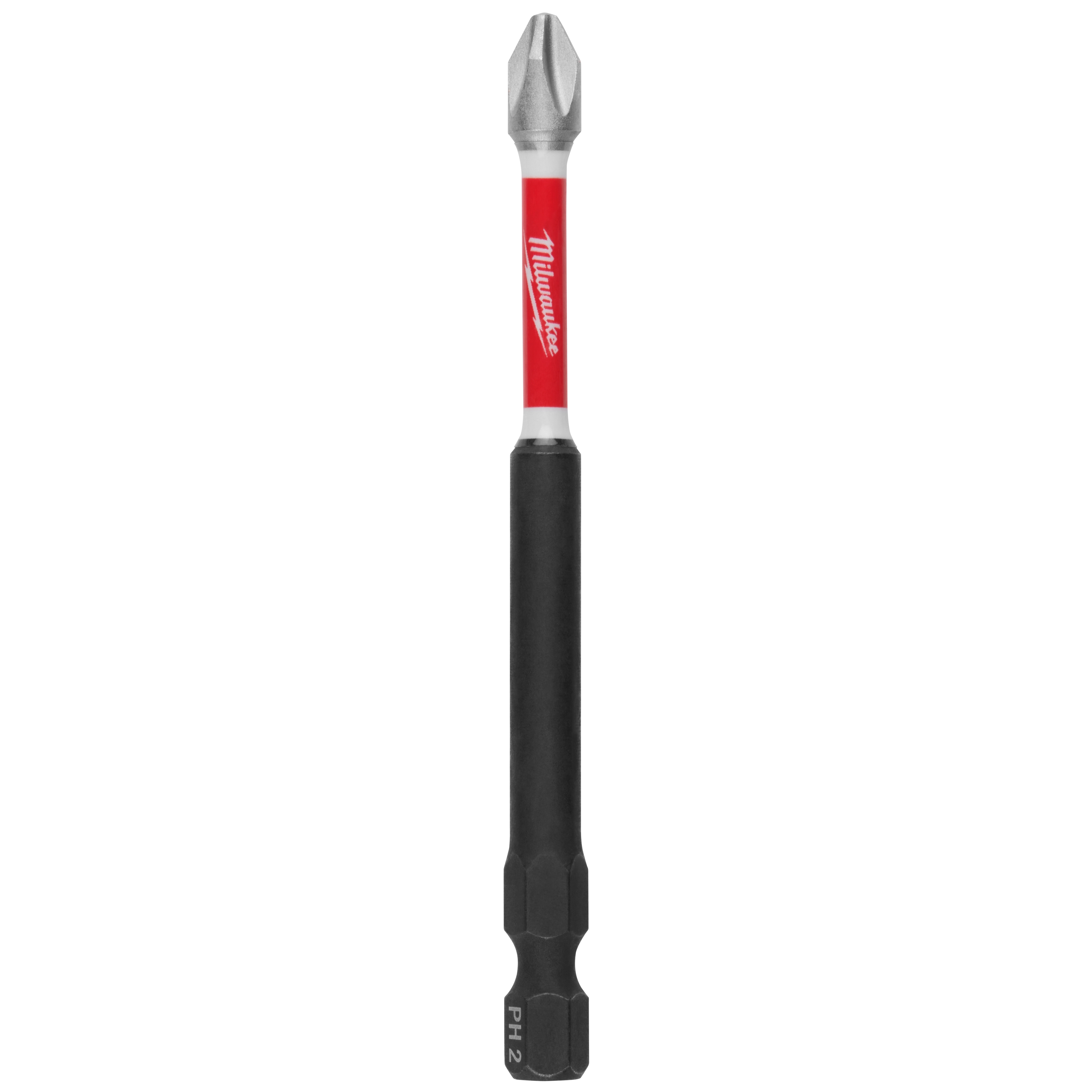 Phillips screwdriver bit with a red and white Milwaukee branding, hexagonal base, and size marking "PH2".