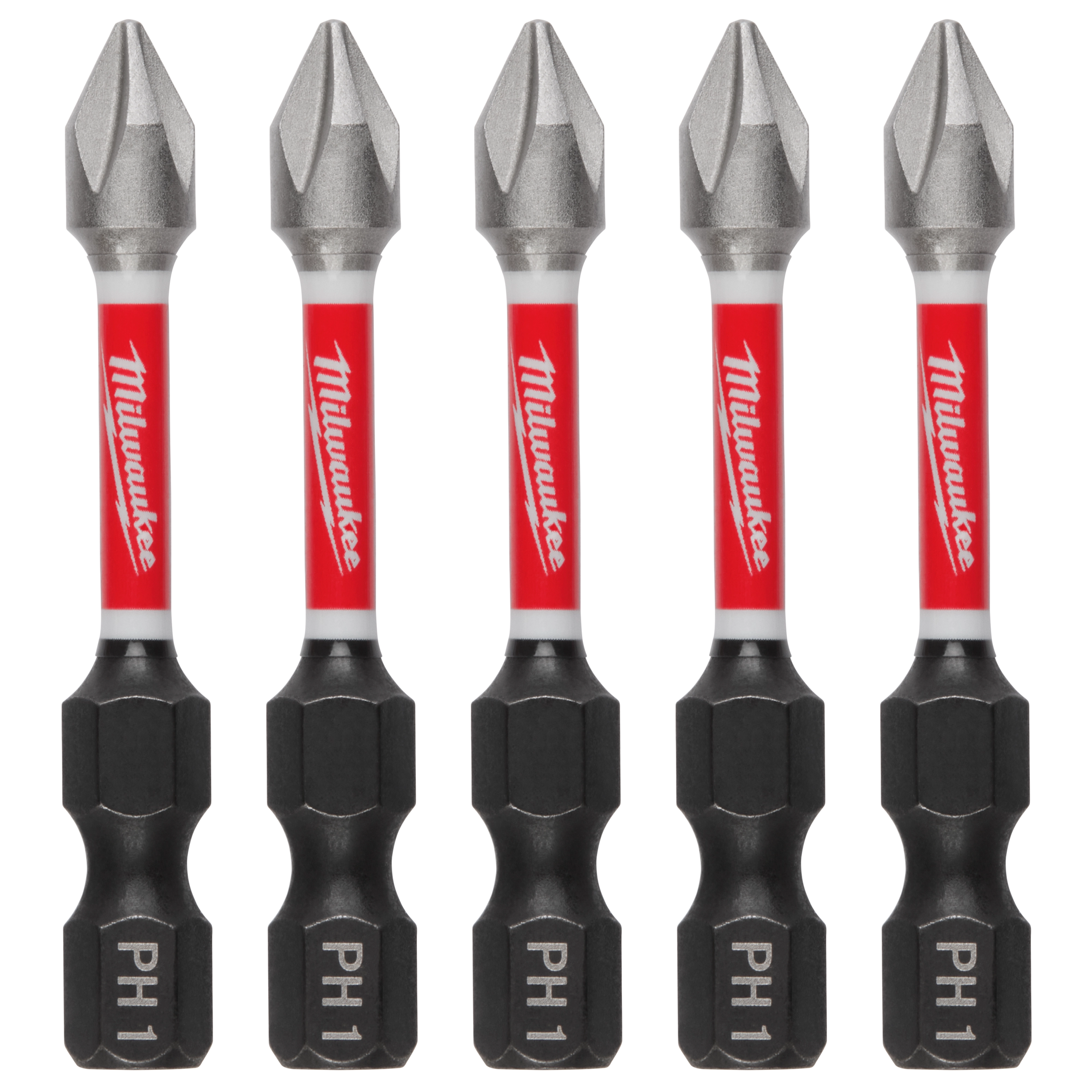 This image shows five SHOCKWAVE™ 2" Impact Phillips #1 Power Bits (5 PK) by Milwaukee. Each bit has a red and white shaft, black base marked PH1, and a silver Phillips head tip.