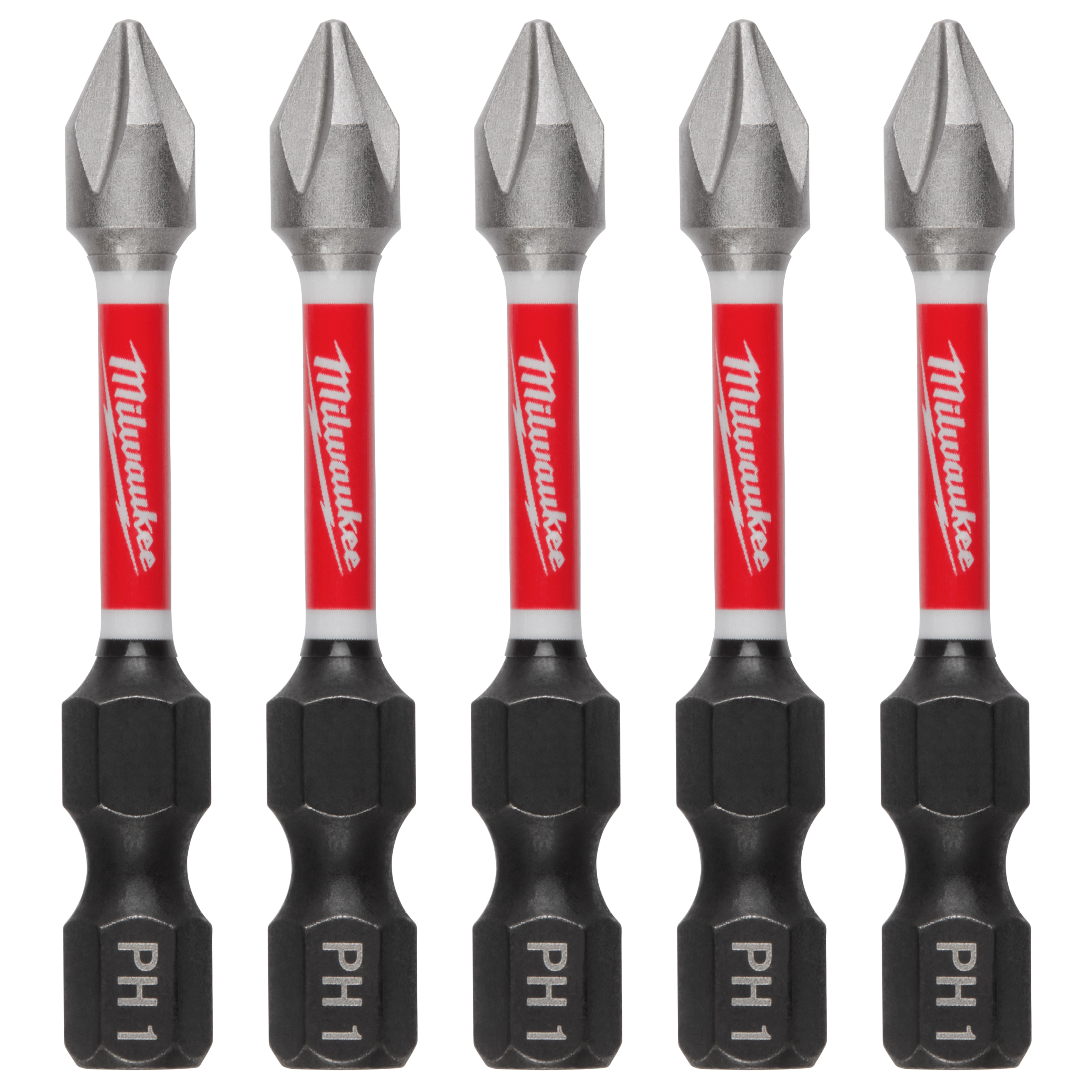 This image shows five SHOCKWAVE™ 2" Impact Phillips #1 Power Bits (5 PK) by Milwaukee. Each bit has a red and white shaft, black base marked PH1, and a silver Phillips head tip.