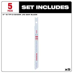 Pack of five 4" 10TPI U-Shank Multi-Material Bi-Metal Jig Saw Blades. Single jig saw blade shown vertically in the center.