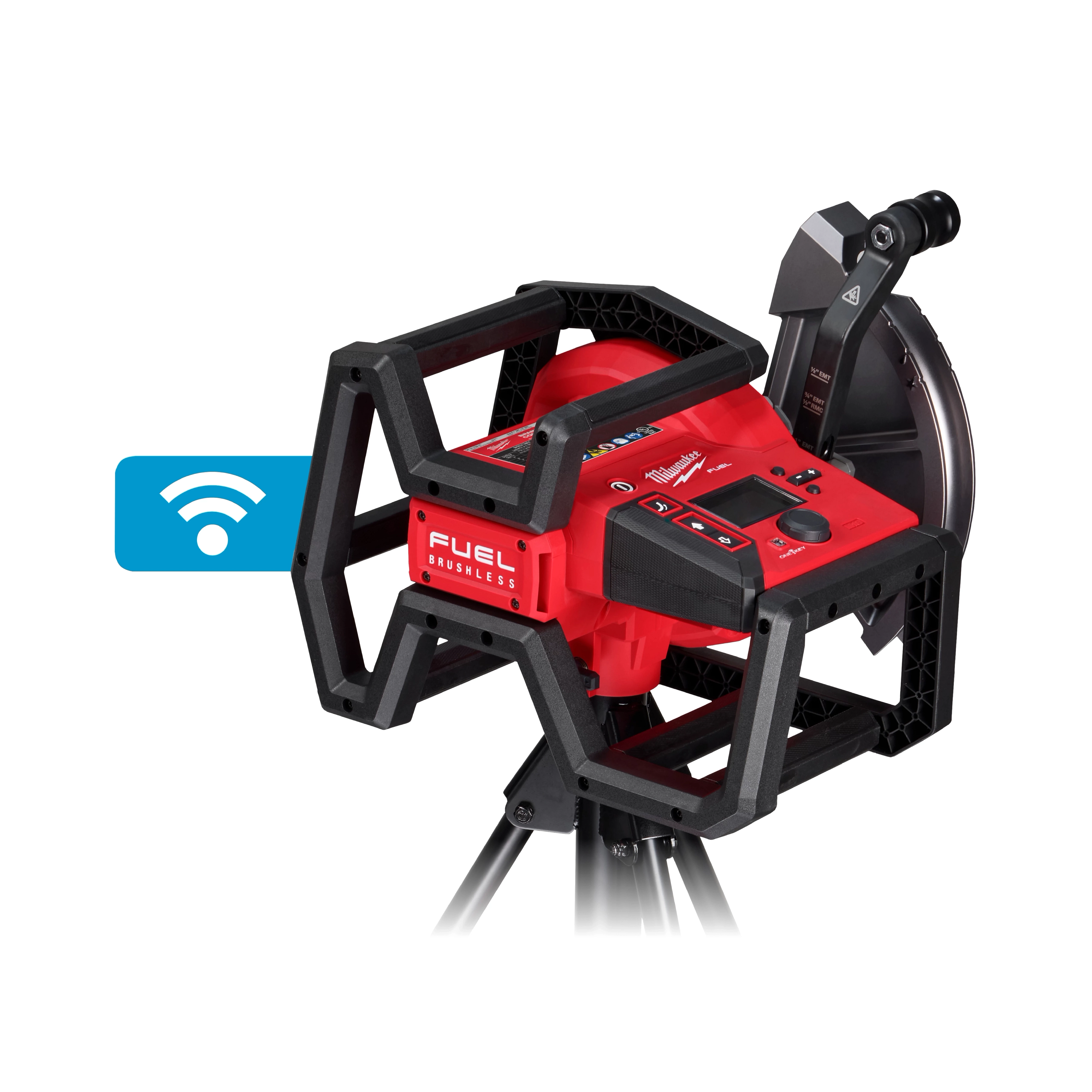 The M18 FUEL™ Branch Conduit Bender w/ AUTO-ZERO™ is a red and black electrical conduit bender with a brushless motor. It is shown with a Wi-Fi symbol indicating wireless capabilities. The tool has a robust frame design and sits on a tripod stand.