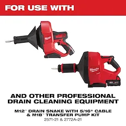 Milwaukee M12™ drain snake and M18™ transfer pump kit are featured with their respective model numbers, 2571-21 and 2772A-21. Both tools are designed for professional drain cleaning tasks. The image highlights their compatibility for use with other professional equipment.