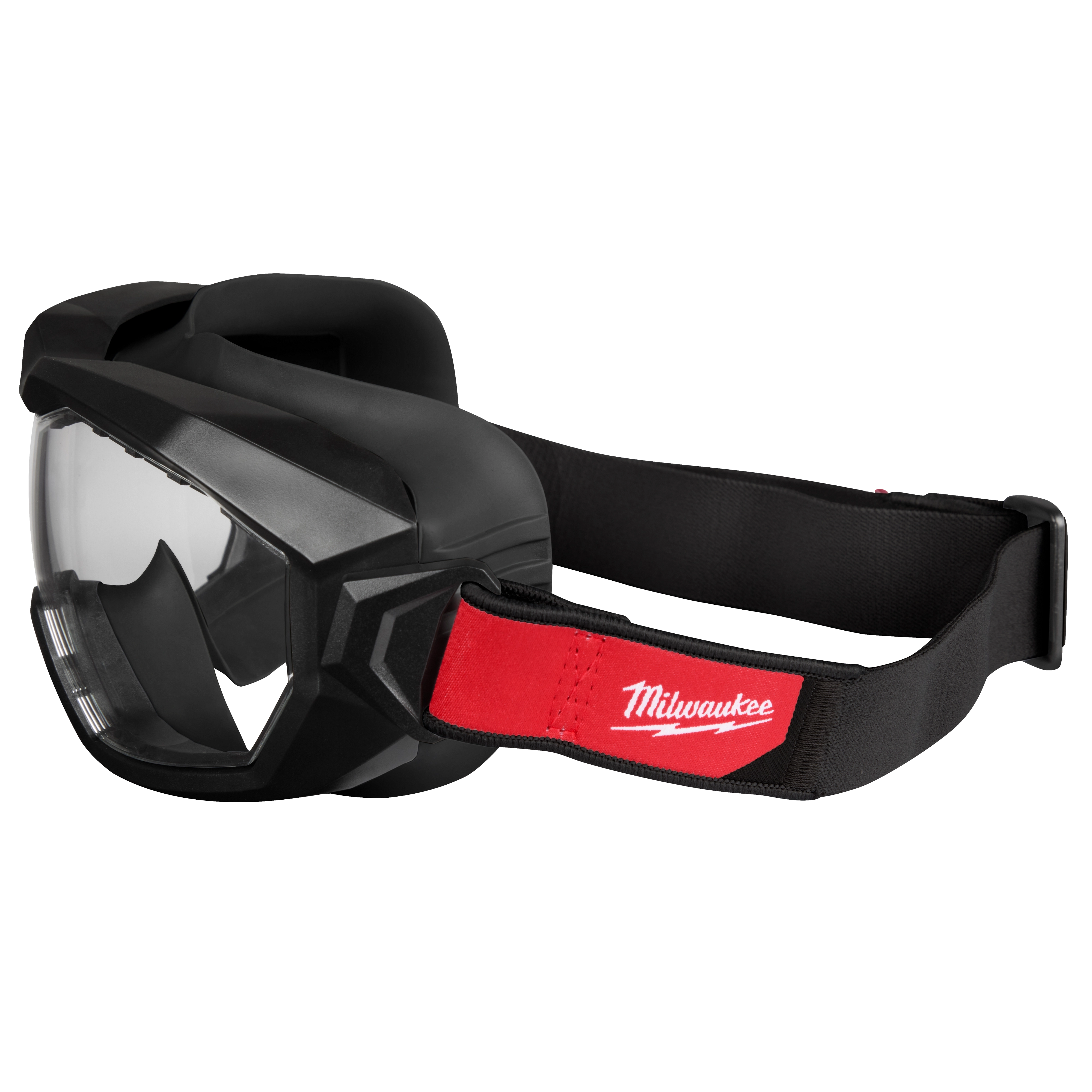 Vented Goggles - Clear Dual Coat Lens with black frame and an adjustable strap featuring a red patch with a white logo.