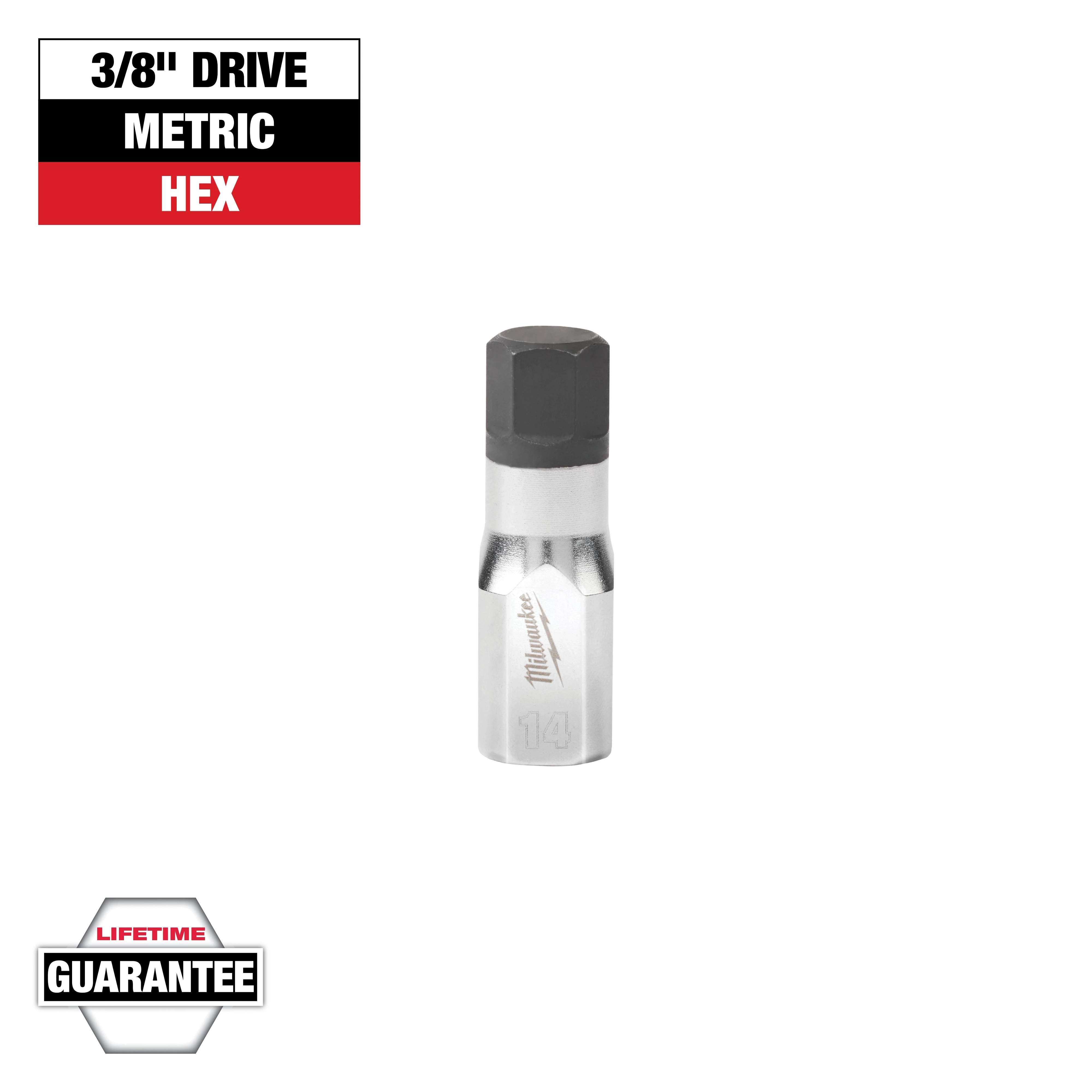 This image shows a Milwaukee 3/8 inch drive metric hex bit with "14" engraved on it. The product has a lifetime guarantee. The top left corner features a label with "3/8'' DRIVE," "METRIC," and "HEX" in black, white, and red colors.