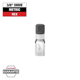 This image shows a Milwaukee 3/8 inch drive metric hex bit with "14" engraved on it. The product has a lifetime guarantee. The top left corner features a label with "3/8'' DRIVE," "METRIC," and "HEX" in black, white, and red colors.