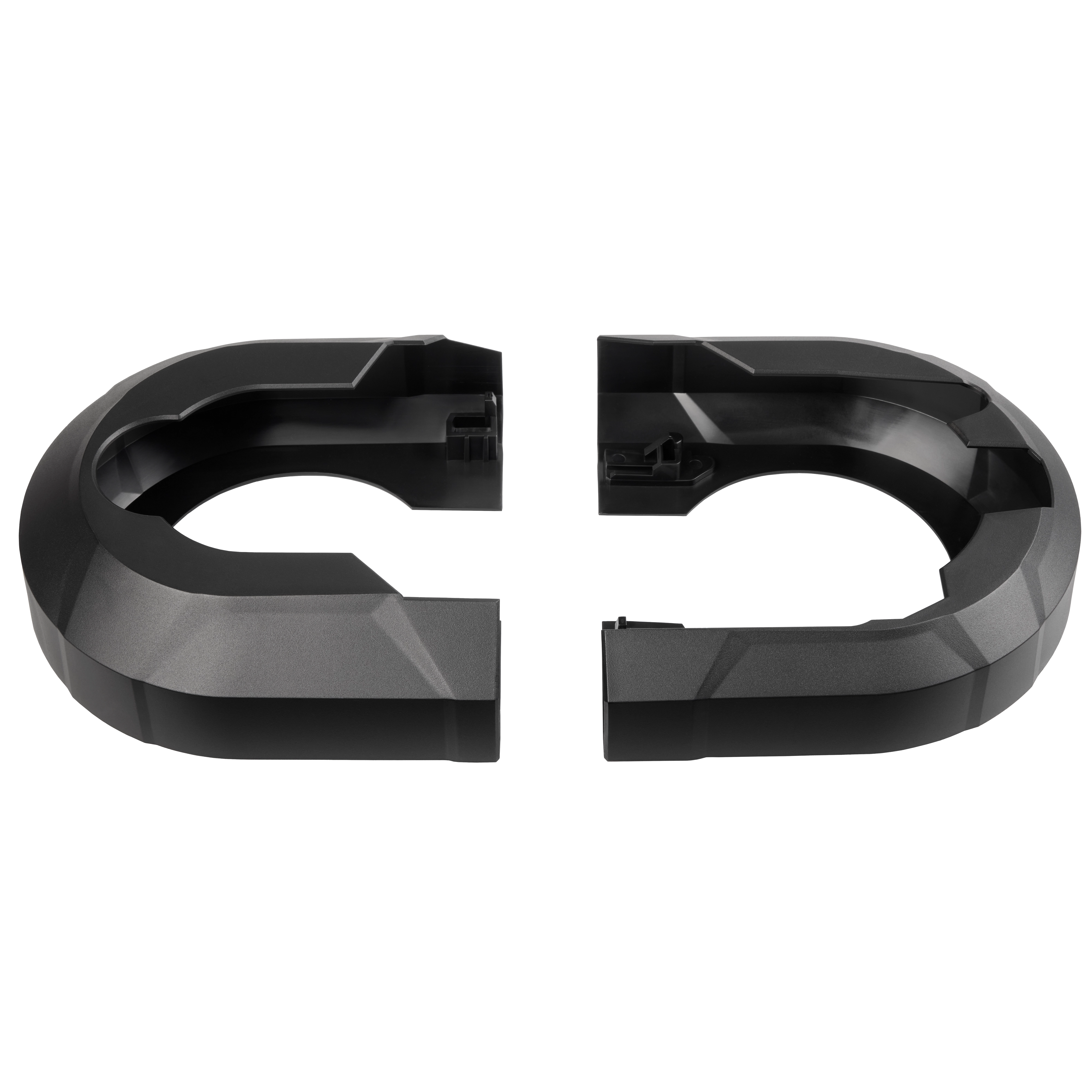 The image shows two black plastic components, identified as M18 FUEL™ Deep Cut Band Saw Covers. They are shaped in a semi-circular design and appear to fit together to provide protective coverage for the band saw.