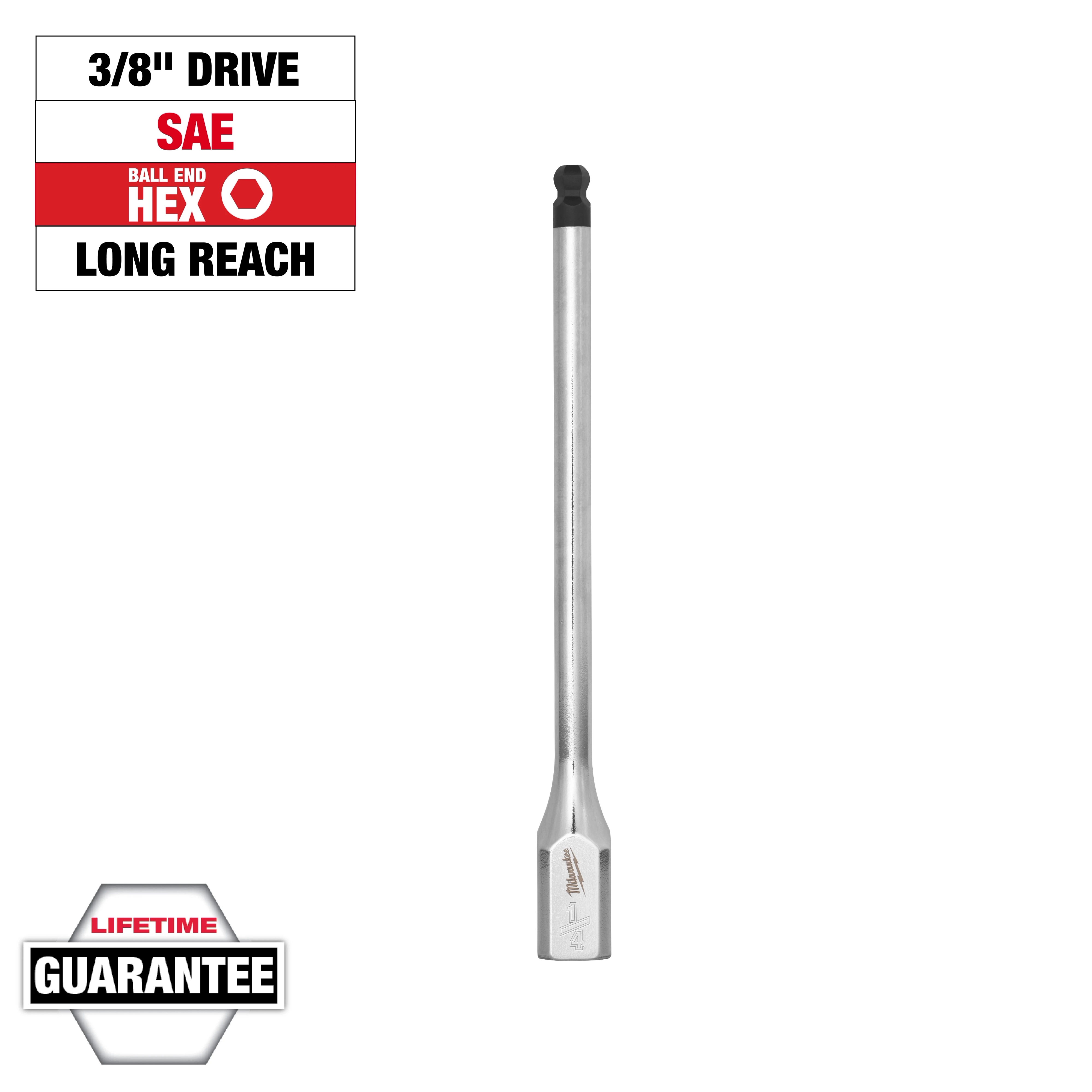 3/8" Drive 1/4" Long Ball End Hex Bit Socket with long reach, silver color, displayed with a lifetime guarantee label.
