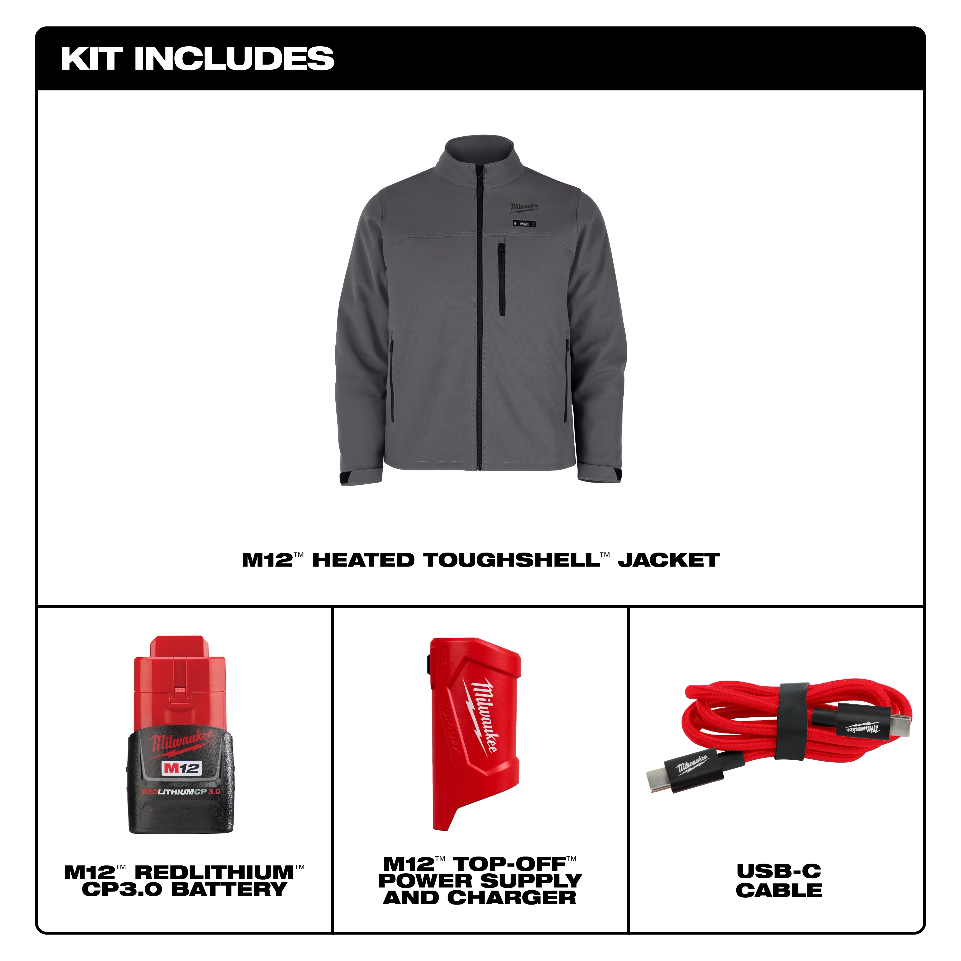 M12 Heated TOUGHSHELL Jacket kit includes a grey jacket, M12 REDLITHIUM CP3.0 battery, M12 top-off power supply and charger, and a USB-C cable.